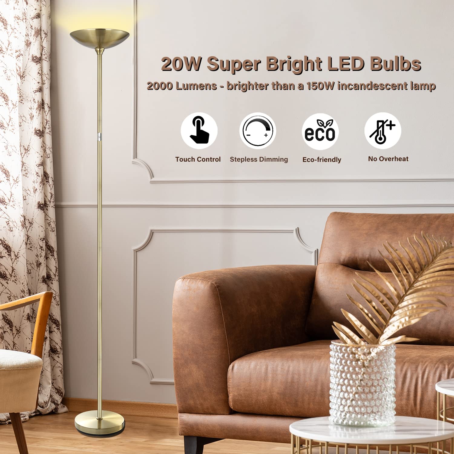 Boostarea Floor Lamp,Torchiere Standing Lamp,20W 2000Lm Led Tall Floor Lamp,Stepless Dimmable,Touch Control,50000Hrs Lifespan,Pa