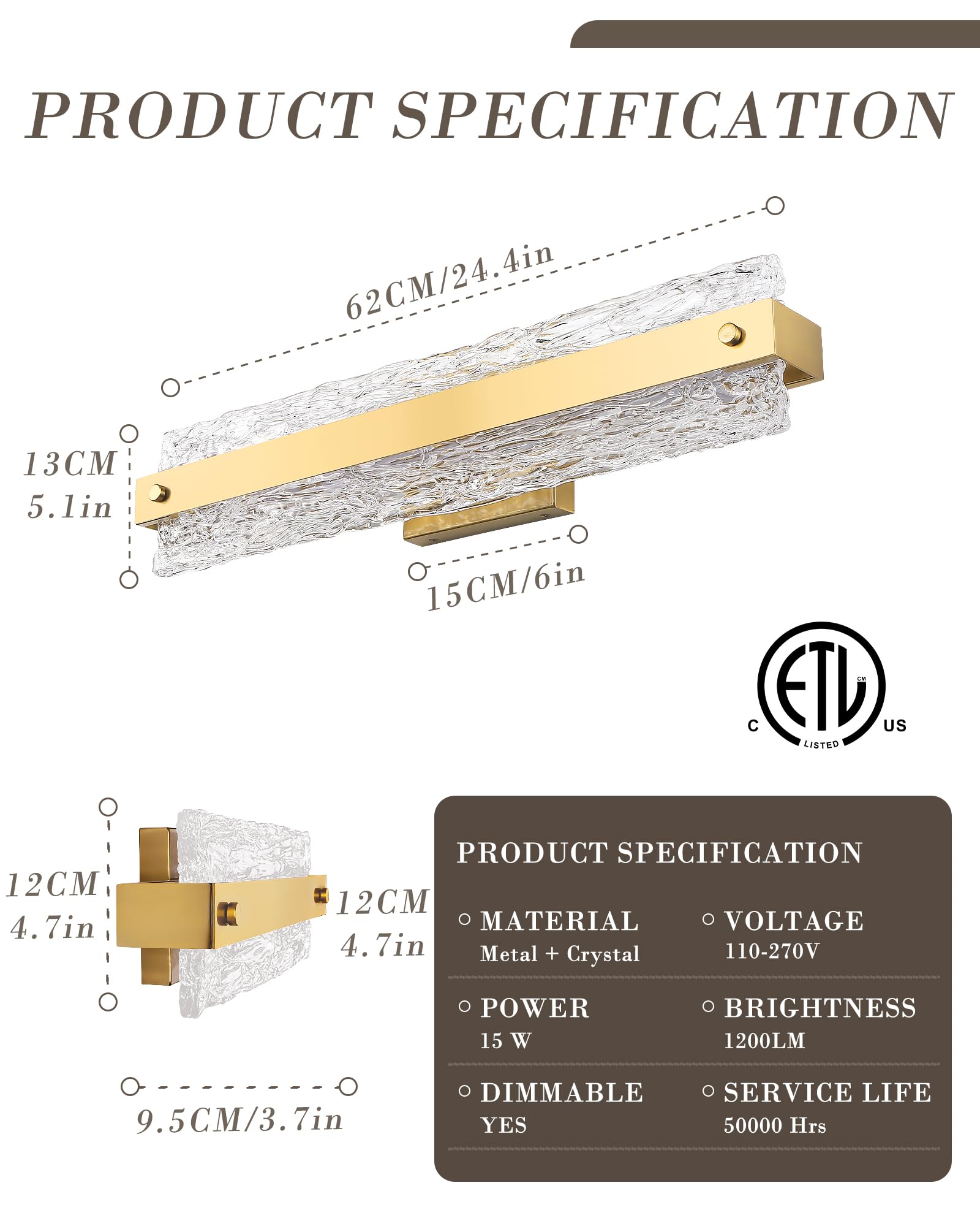 Osimir Brushed Gold Led Bathroom Vanity Light  24.4 Inch 15W Modern Dimmable Bathroom Light Fixture Over Mirror  Crystal Bar Wall Sconce Lighting For Bath  3Cct  Os-Mm5001-3Bg