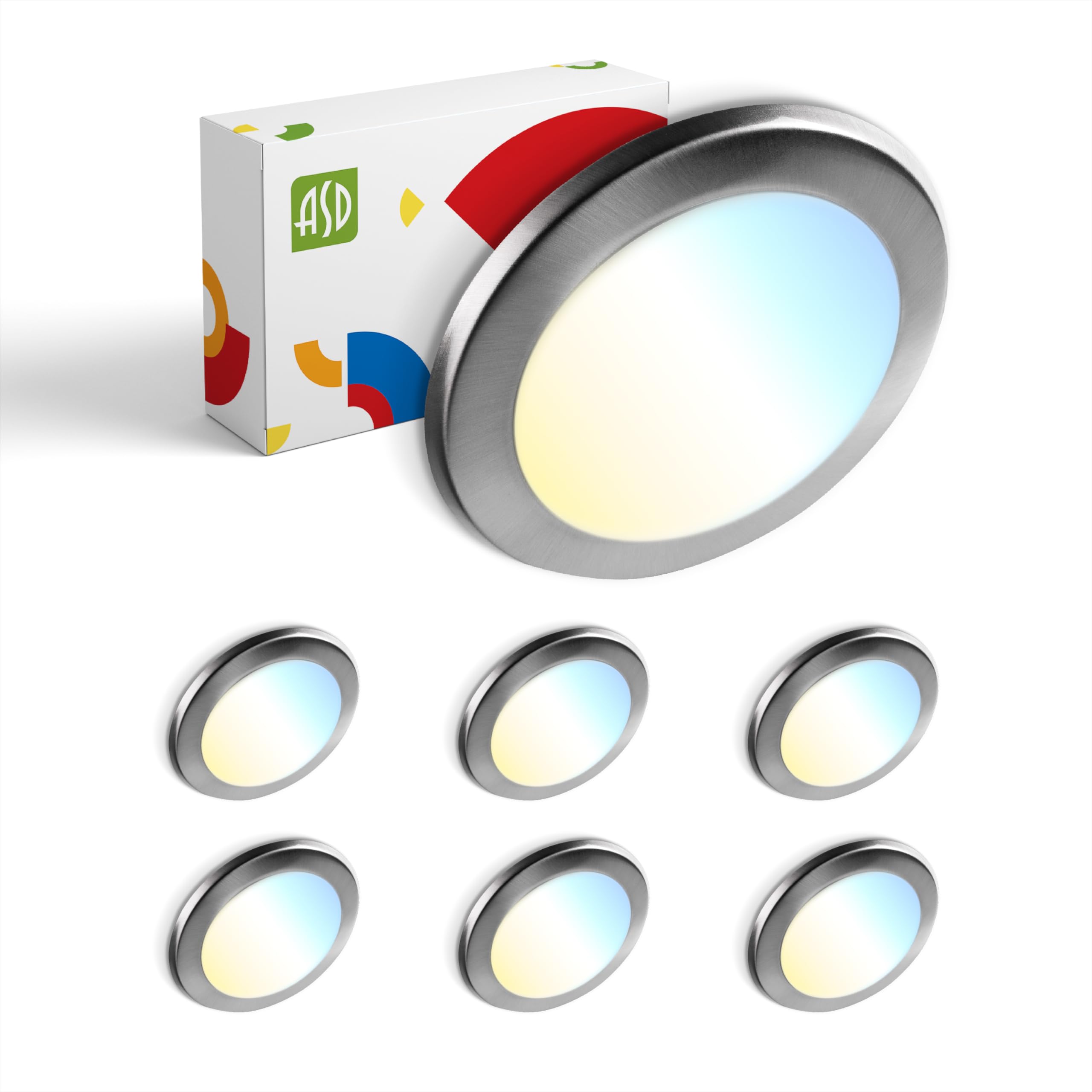 ASD 6 Pack LED Disk Lights, 15W 5CCT 2700K-5000K, Dimmable Ceiling Fixture, 6in Brushed Nickel, Model ASD-L