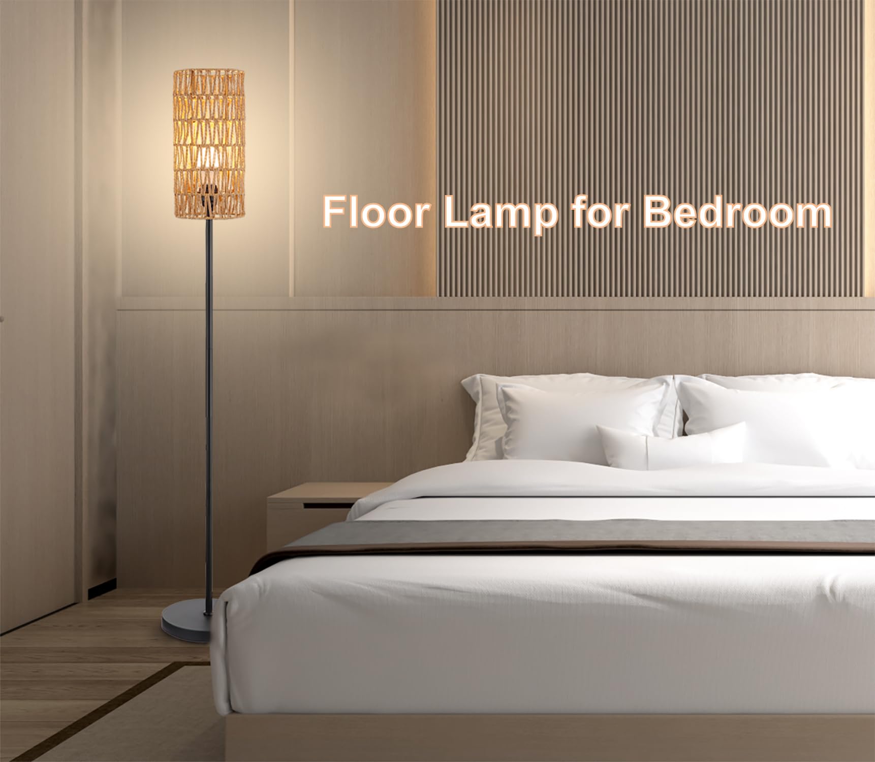 Floor Lamp For Living Room,Farmhouse Rattan Floor Lamp,Modern Standing Lamp With Hand-Worked Rattan Shade,Black Tall Lamp With F