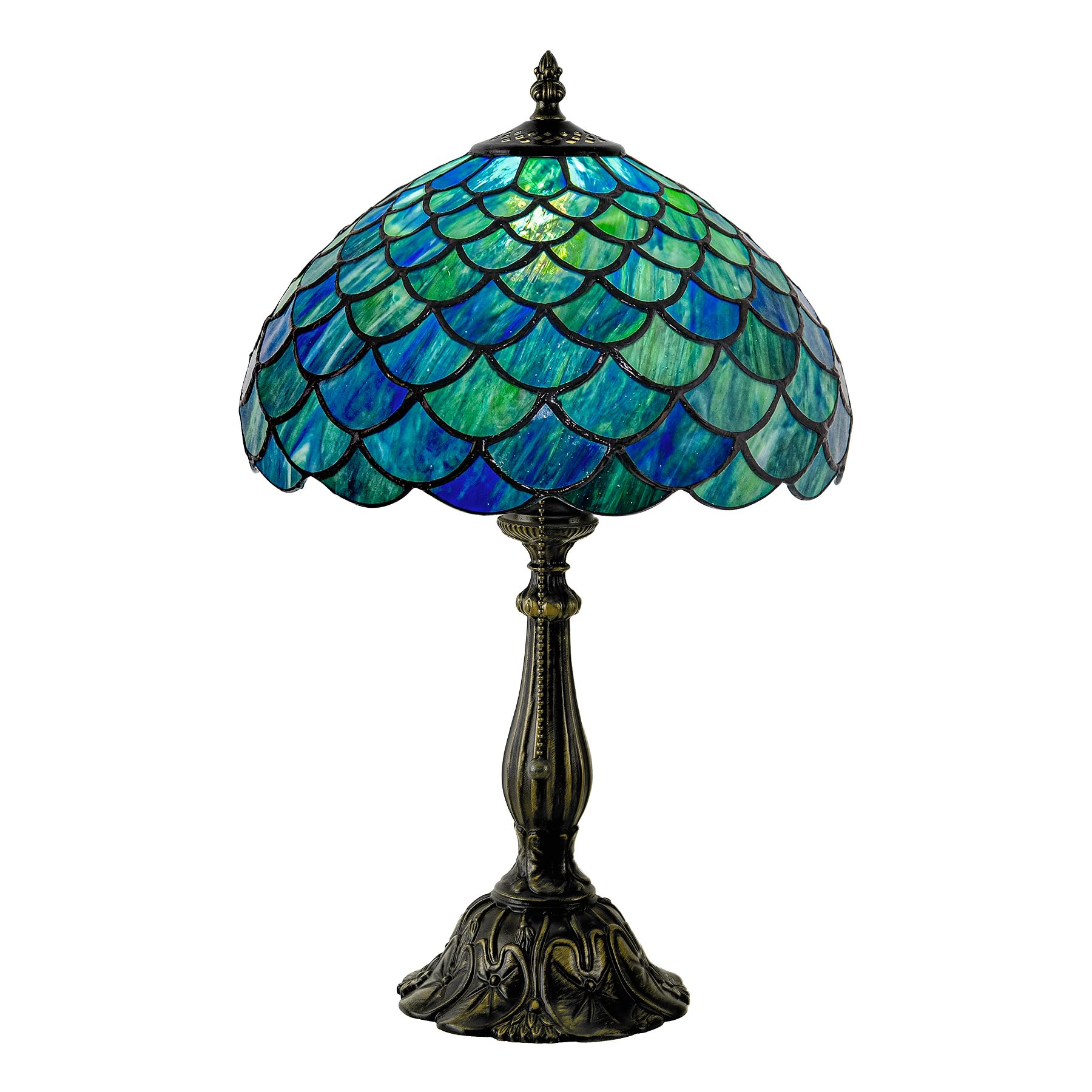 GILGGAK Tiffany Style Table Lamp Vintage Stained Glass Desk Lamp Sea Blue Fish Scales Bedside Reading Light Decor Bedroom Living