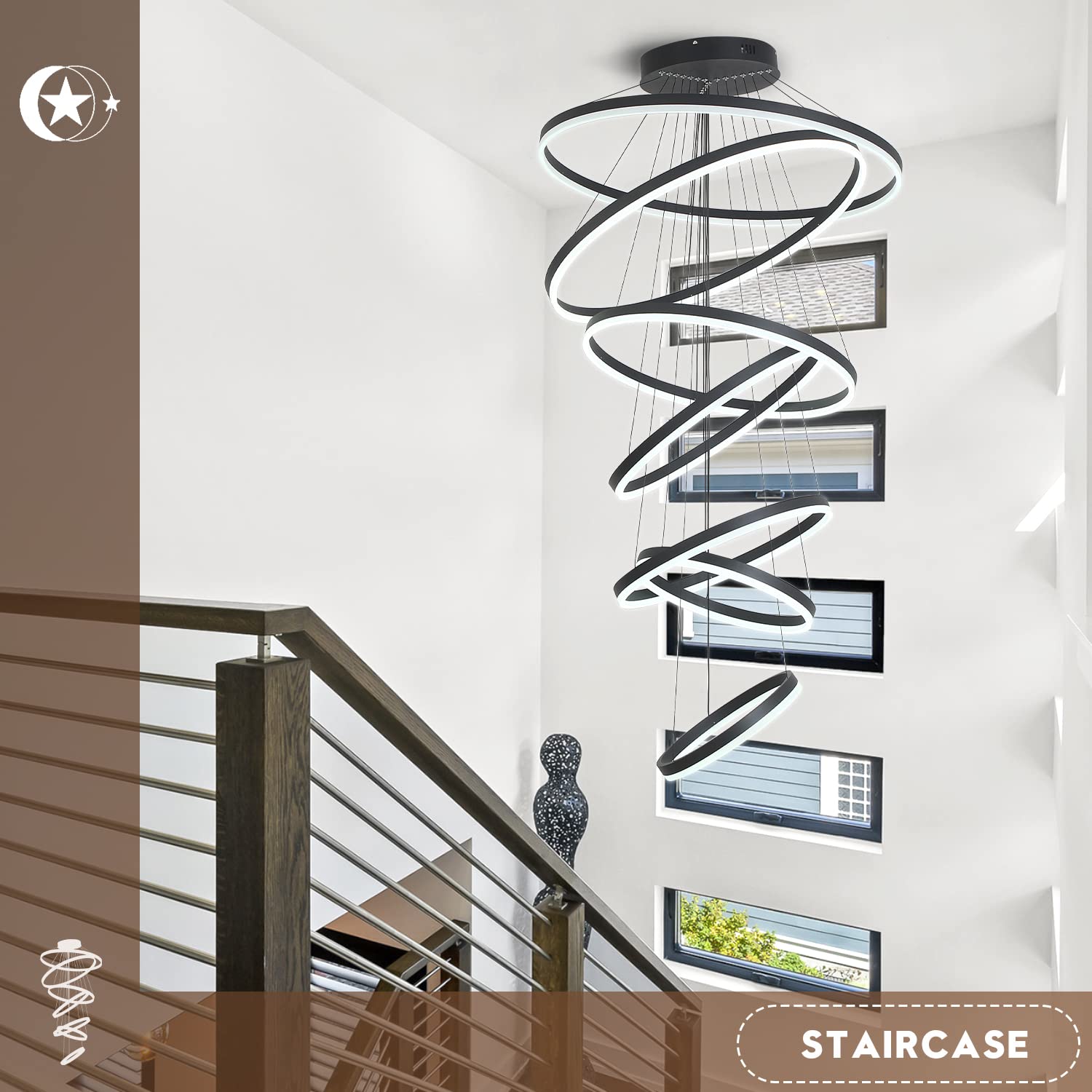 Xgzllighting 7-Rings Modern Led Chandelier Black D31.5 Contemporary Foyer Chandeliers Large With Remote Entryway High Ceiling Ch