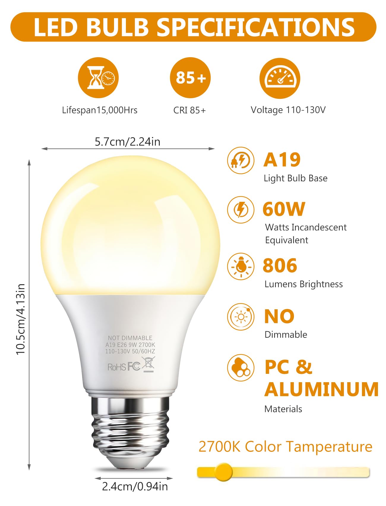 Btbhiho 12-Pack A19 Led Light Bulbs 60W Equivalent 806 Lumens, 9W 2700K Warm White Non-Dimmable, No Flicker, Super Bright Cri85+