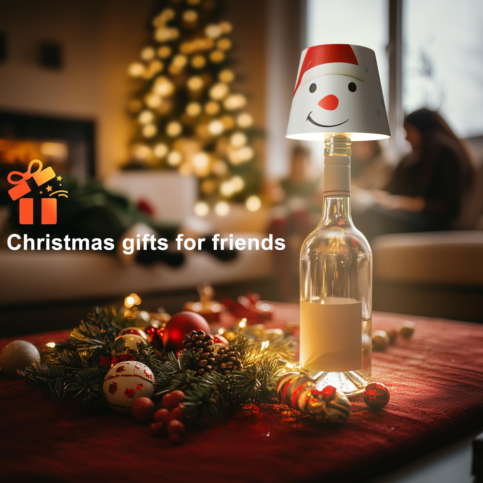 Mebaraul Wireless Bottle Lamp Shade, Rechargeable LED Table Lamp, Touch Control, Snowman Design, Model FT1