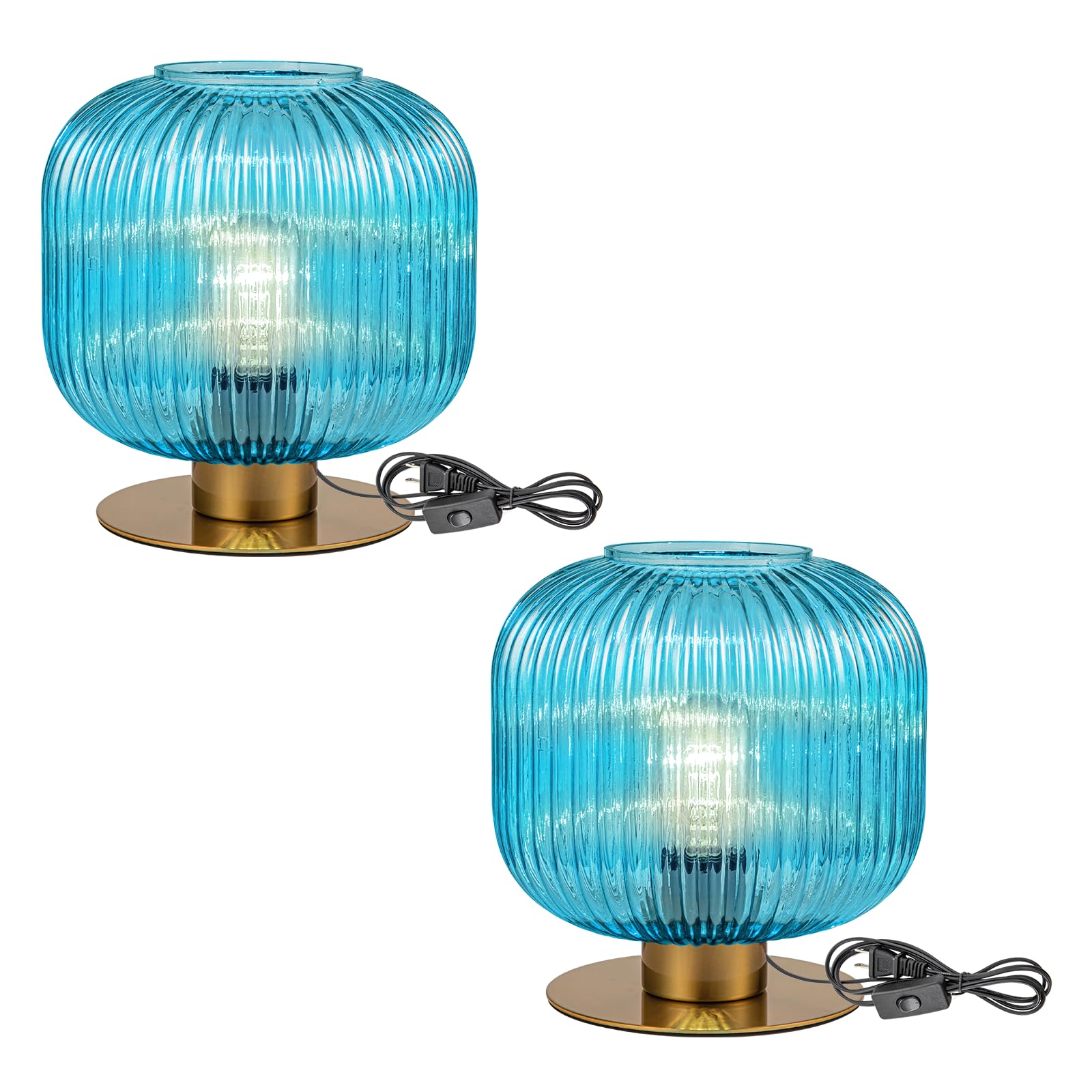 Soutas Blue Table Lamps for Bedroom Set of 2, Small Glass Table Lamp Plug in with On/Off Switch, Mid Century Modern Globe Bedsid