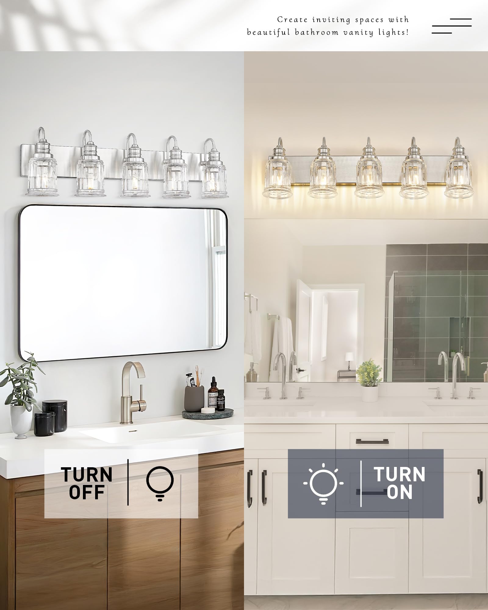 Bathroom Light Fixtures  Hwh 5-Light Vanity Light  Modern Brushed Nickel Wall Lighting Over Mirror  Bell-Shaped Striped Glass  5Hzg106B-5W Bn
