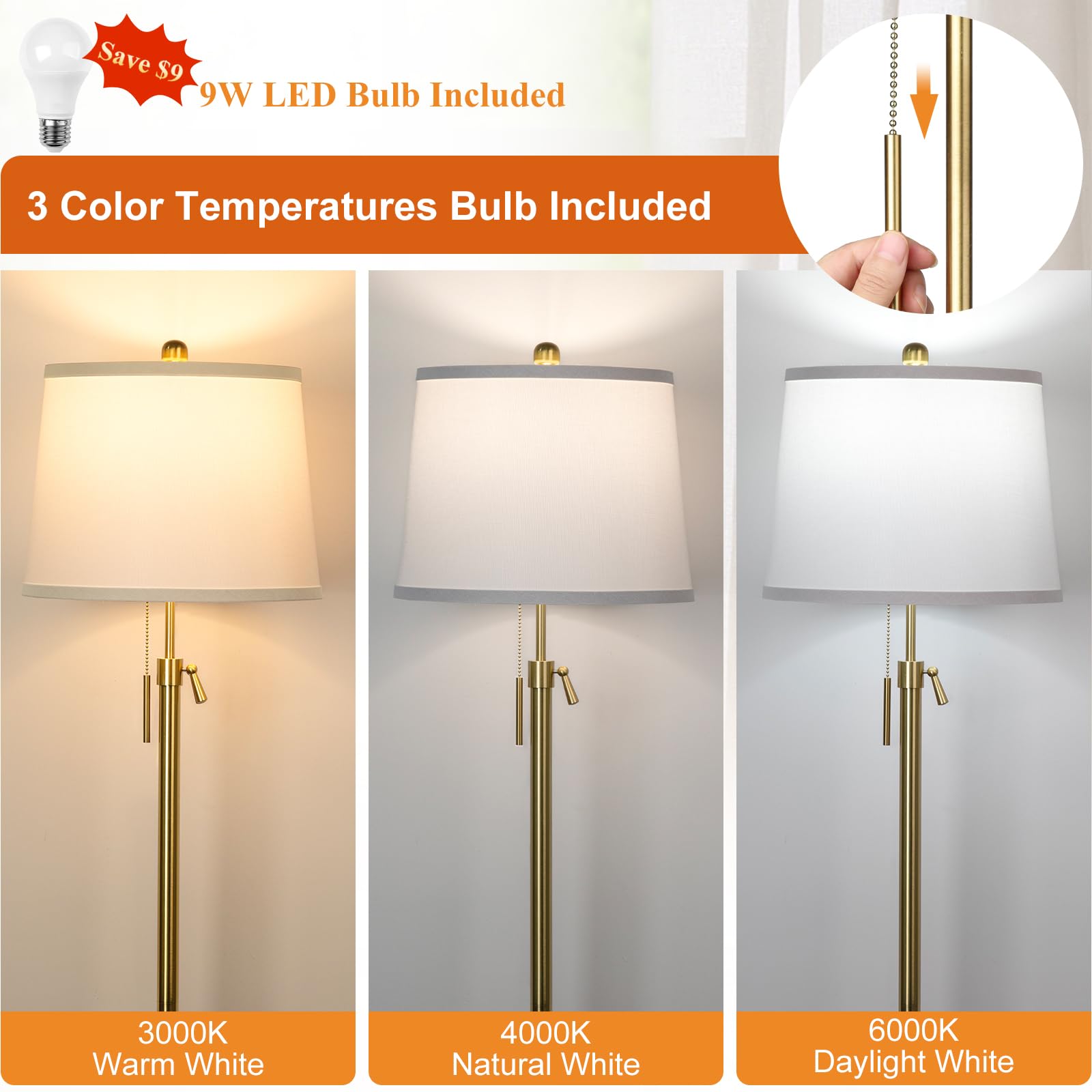 Gold Floor Lamp For Living Room, Tall Standing Lamp With 3 Color Temperatures Modern Brass Floor Lamps For Reading Bedroom Office Lights Corner Night Stand Kids Lamp (9W Led Bulb, White Lampshade)