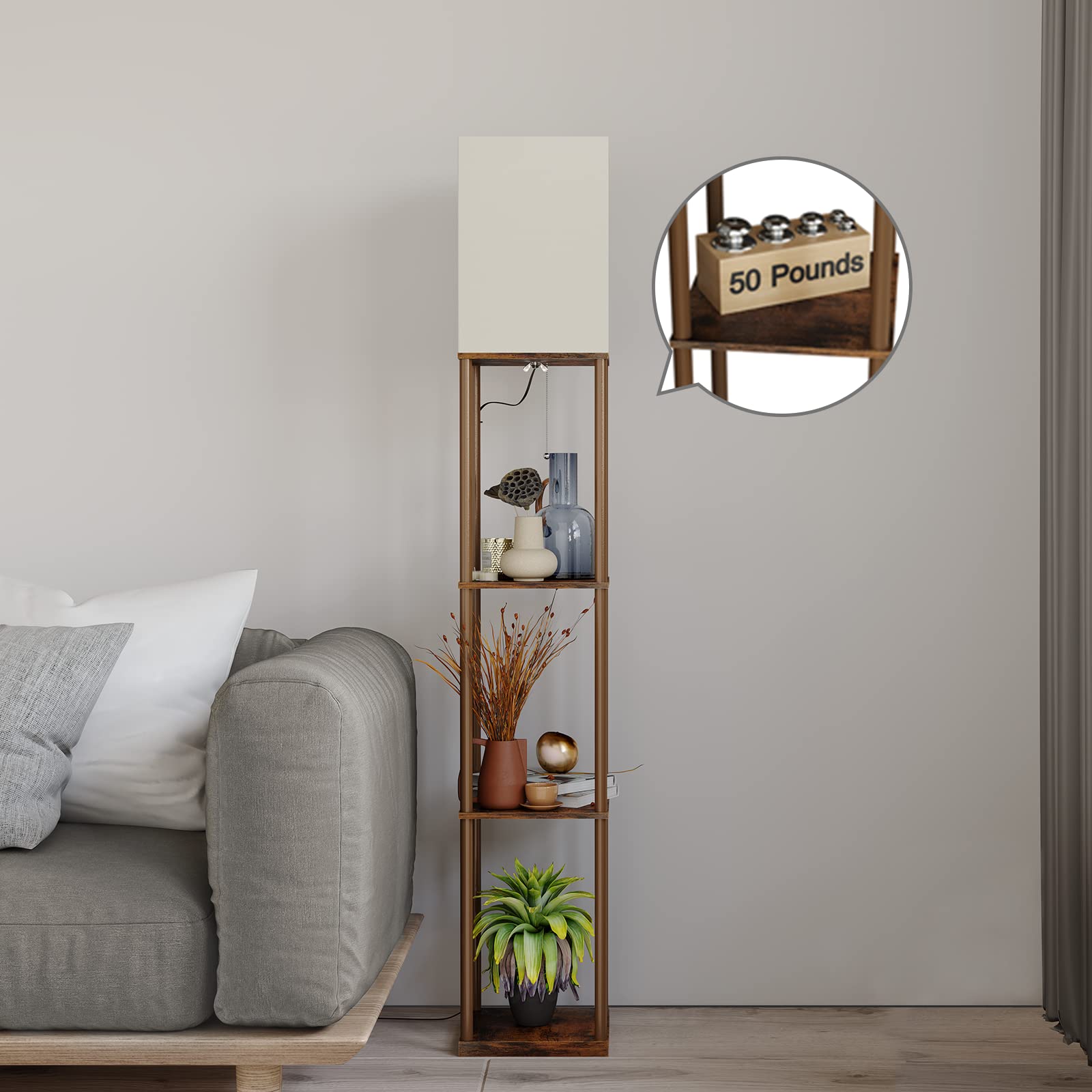 SUNMORY Floor Lamp with Shelves, Rustic Brown Metal Design, 3 Color Temperature Bulb, Ideal for Living Room and Bedroom