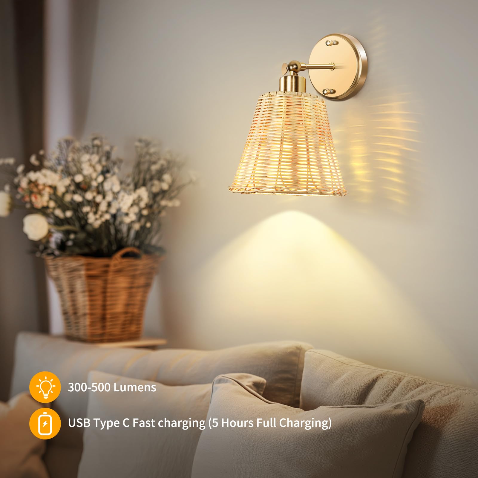 Frideko Rattan Rechargeable Battery Operated Wall Sconces Set Of Two With Remote, 3 Colors Dimmable Wireless Wall Light, 5200Mah