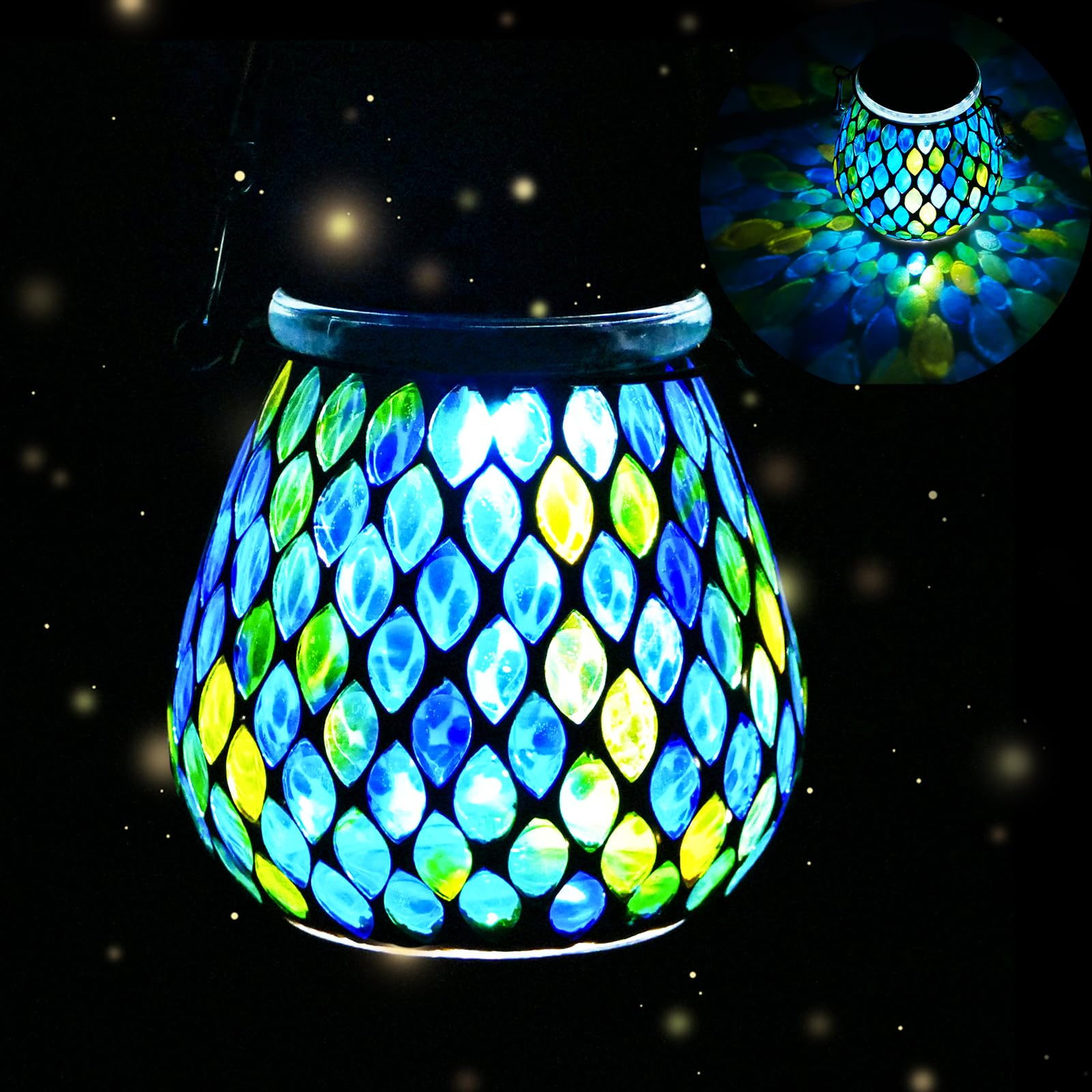Mosaic Blue Solar Lanterns, Outdoor Glass Hanging Lights, Waterproof, Solar Table Lamps, Christmas Gifts For Women Mom Grandma, Night Lights, Decoration For Garden, Patio, Yard, Party, Outdoor Decor