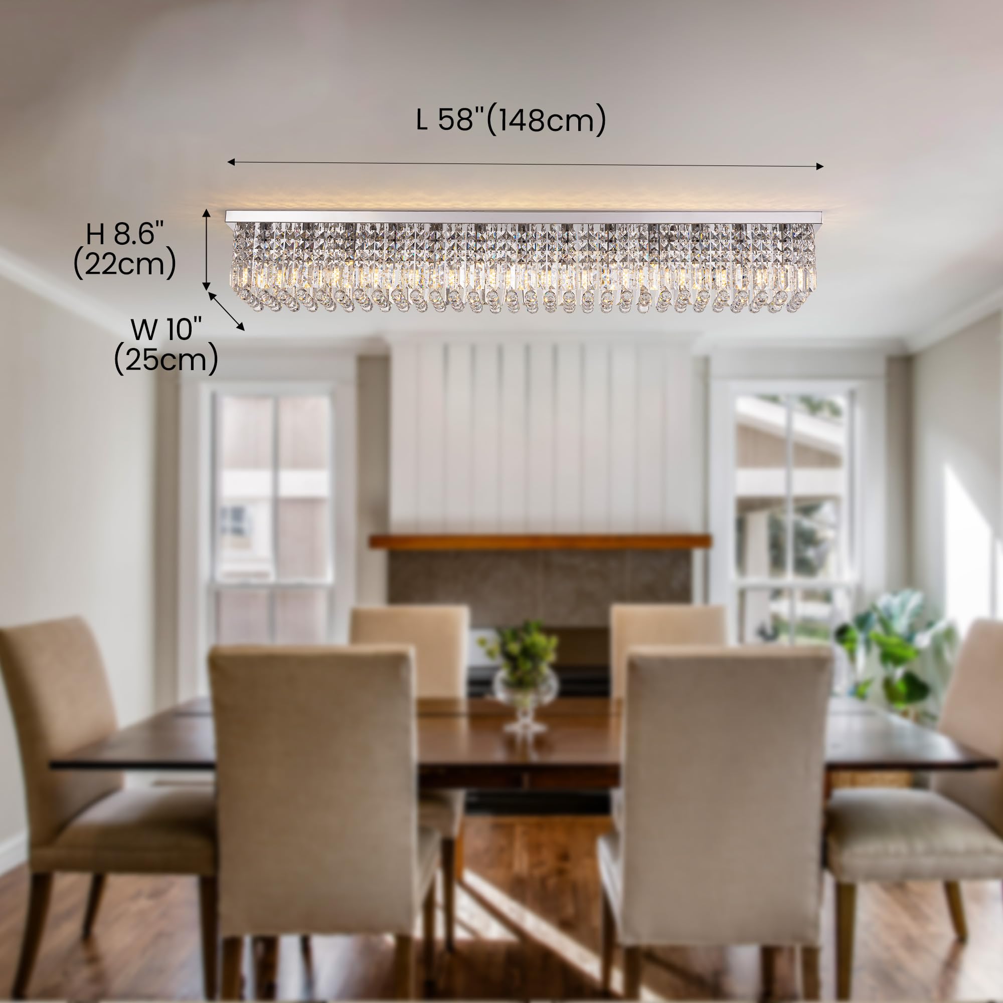 Tinkoso 13-Light Modern Crystal Chandelier, K9 Rectangle Pendant Light, 59" Adjustable, Chrome Stainless Steel for Dining Room/Bar/Bedroom