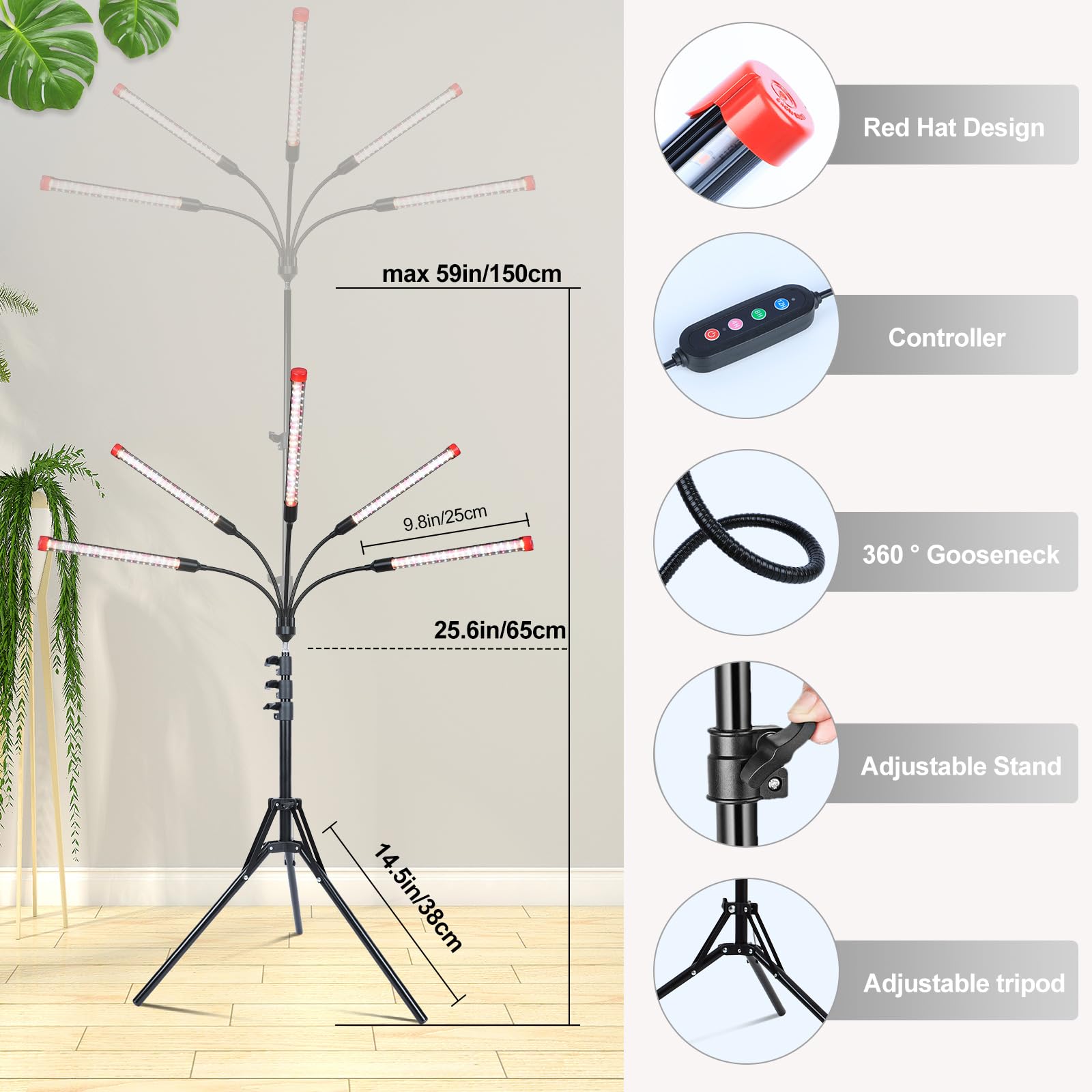FECiDA 45W 5-Head Tripod Plant Light for Indoor Plants, Full Spectrum, Timer, Black, Model ZH_GL_RH
