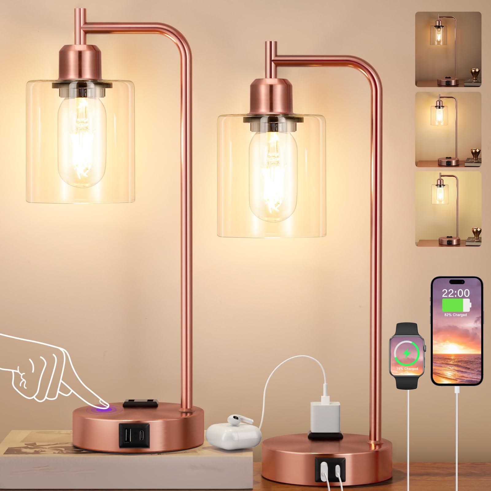 Innqoo Industrial Touch Table Lamps For Bedrooms Set Of 2-3-Way Dimmable Lamps With Usb C+A Ports And Outlet, Copper Bedside Lam