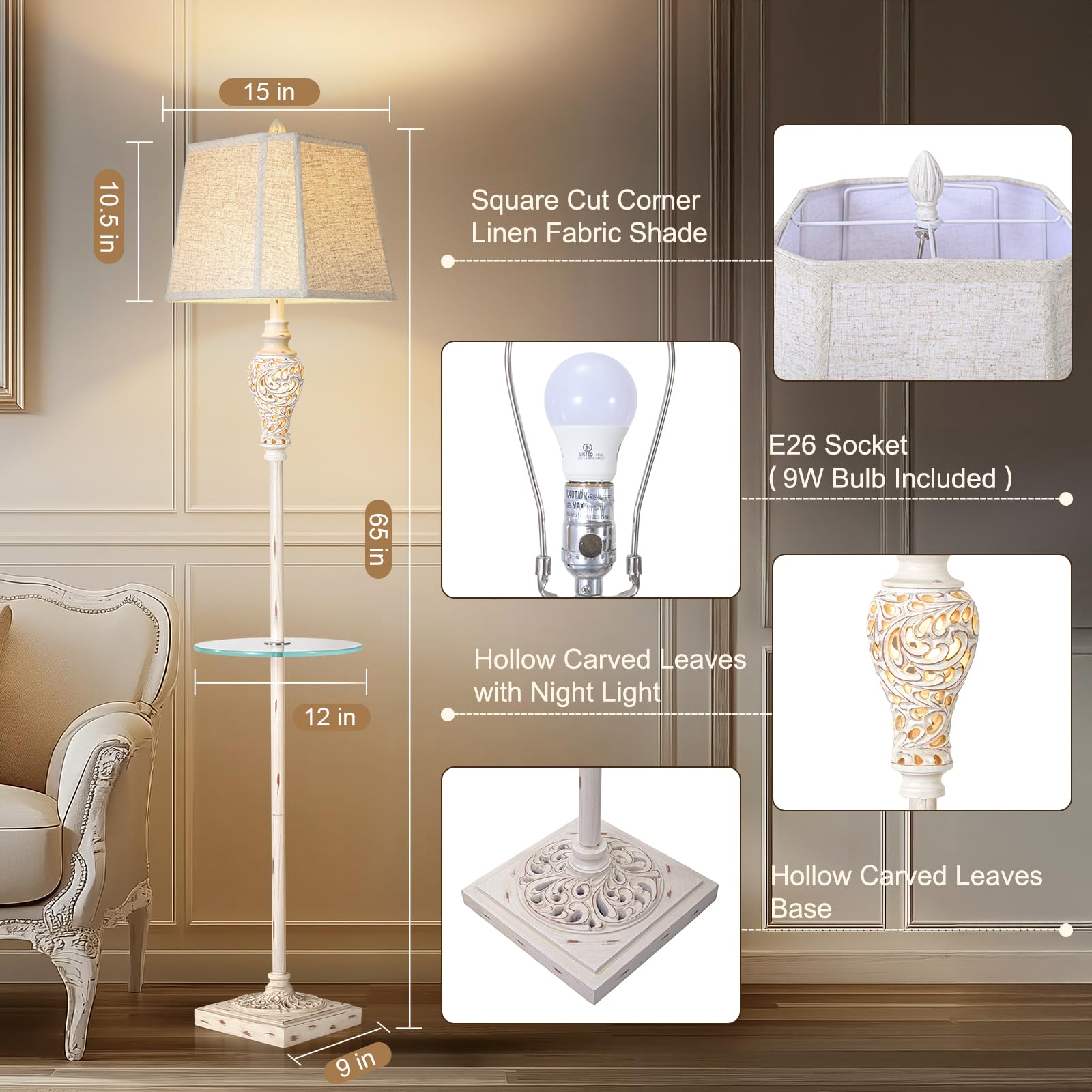 LuxSight Vintage Floor Lamp, 65" Rustic Tall Light with Nightlight, Cream Color, Glass Tray, Model PL8031-FLTR, Ideal for Living Room, Bedroom
