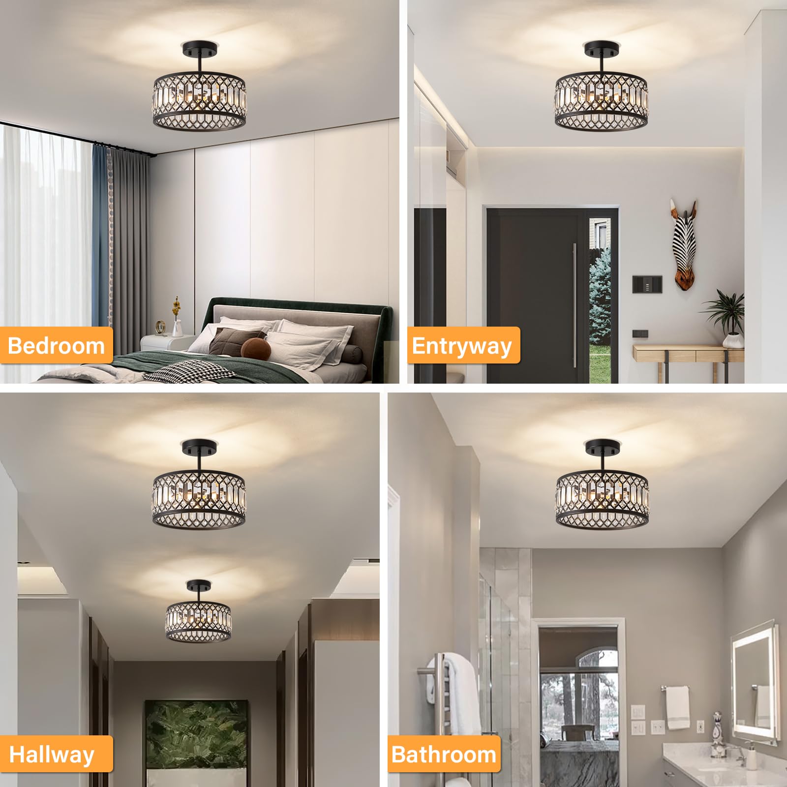 Yurnyq Crystal Ceiling Light Fixture, Modern Semi Flush Mount Ceiling Light, Black Lighting Chandelier For Kitchen, Bedroom, Din