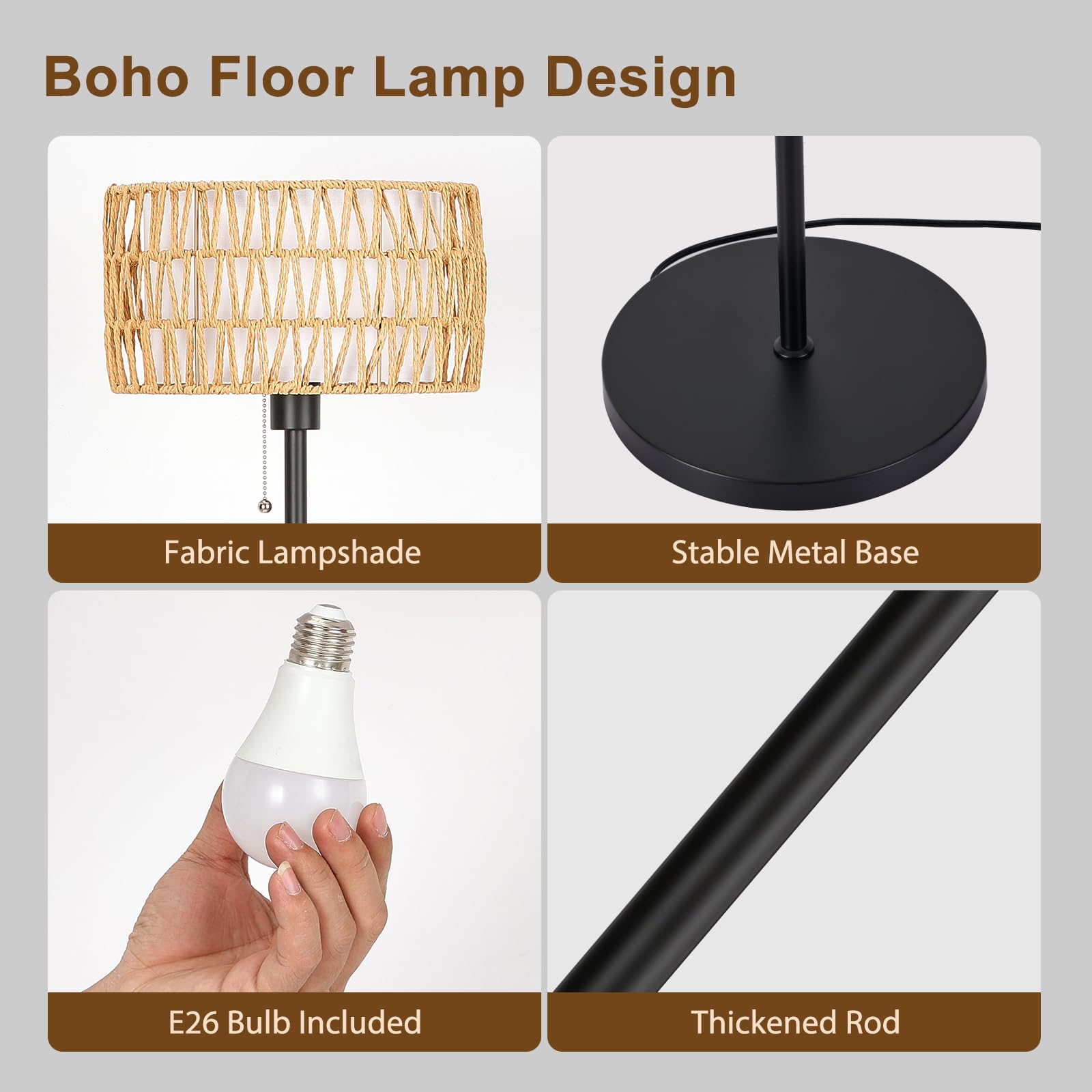 Netin Rattan Floor Lamp For Living Room, Boho Standing Lamp With 3 Color Temperatures, Farmhouse Floor Lamp Wicker Lamp Double S