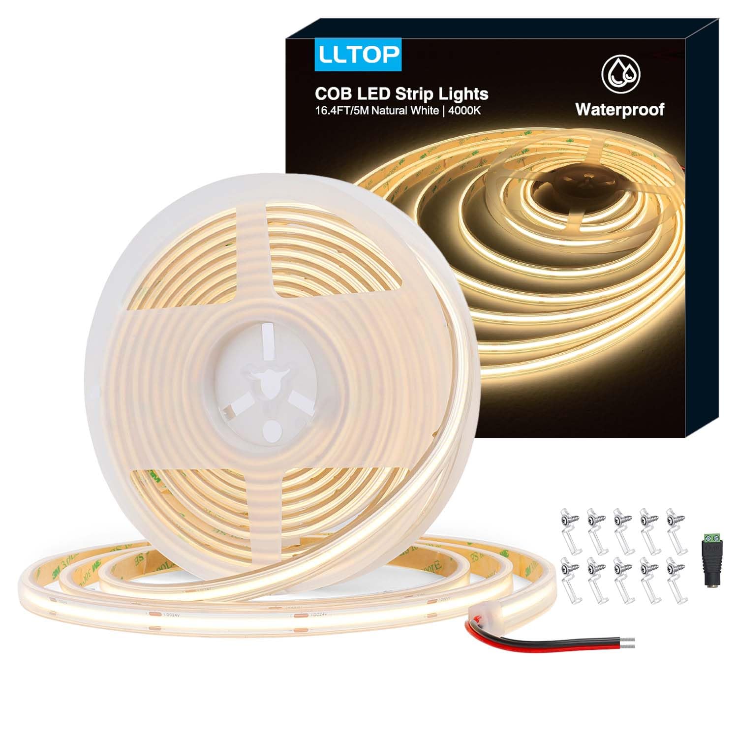Lltop Cob Led Strip Lights Waterproof Ip67 Dc24V Natural White 4000K 16.4Ft/5M High Cri 92Ra+ Outdoor Led Tape Lighting Diy Cuttable For Bedroom Kitchen Cabinet Shelf (Power Supply Not Included)