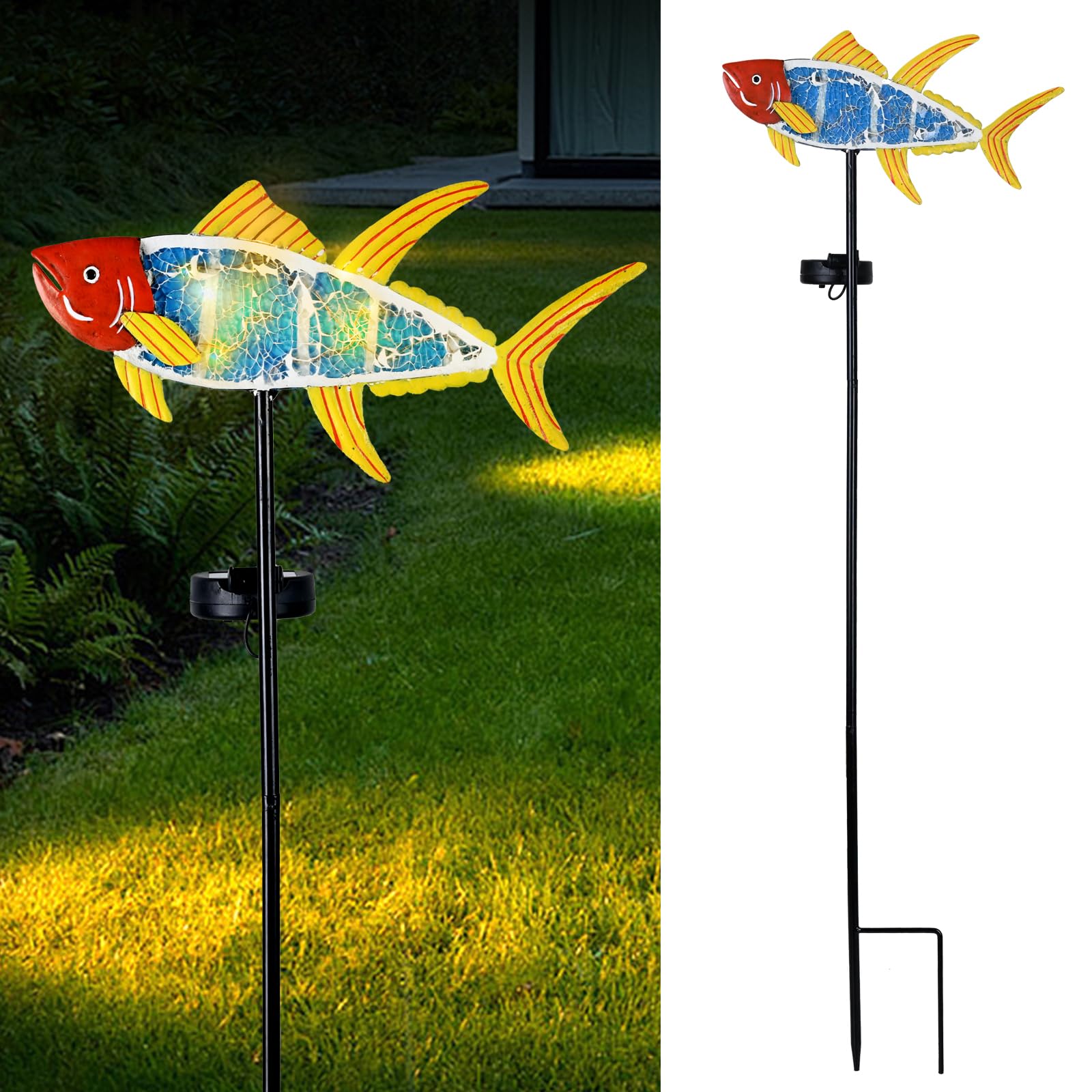 Yiosax-Solar Outdoor Lights Decorative-Yard Outdoor Decorative - Garden Stakes Fish Decorative Waterproof 7 Led Light Decor Ocean Beach Theme For Lawn Path Yard Decoration Gift Idea