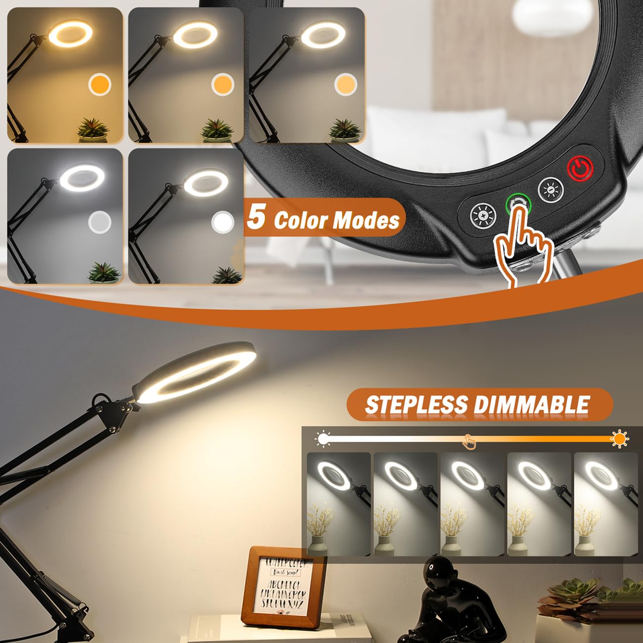 Veemagni 10X Magnifying Glass with Light, 5 Color Modes, Stepless Dimmable, Square Base, Black, Model FX92