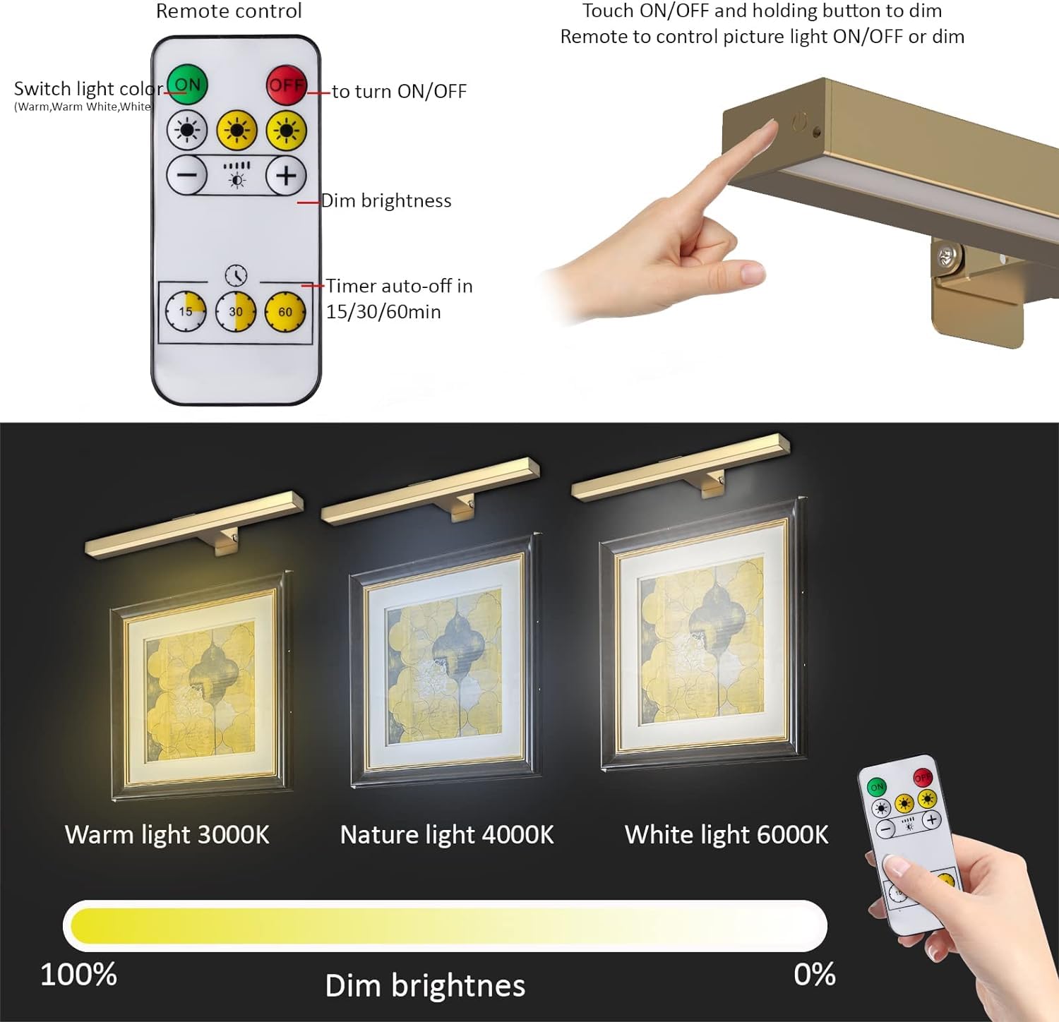 Rechargeable Picture Lights With Remote, 16'' Battery Operated Painting Light Display Lamp With 3 Lighting Modes, Dimmable Dartb