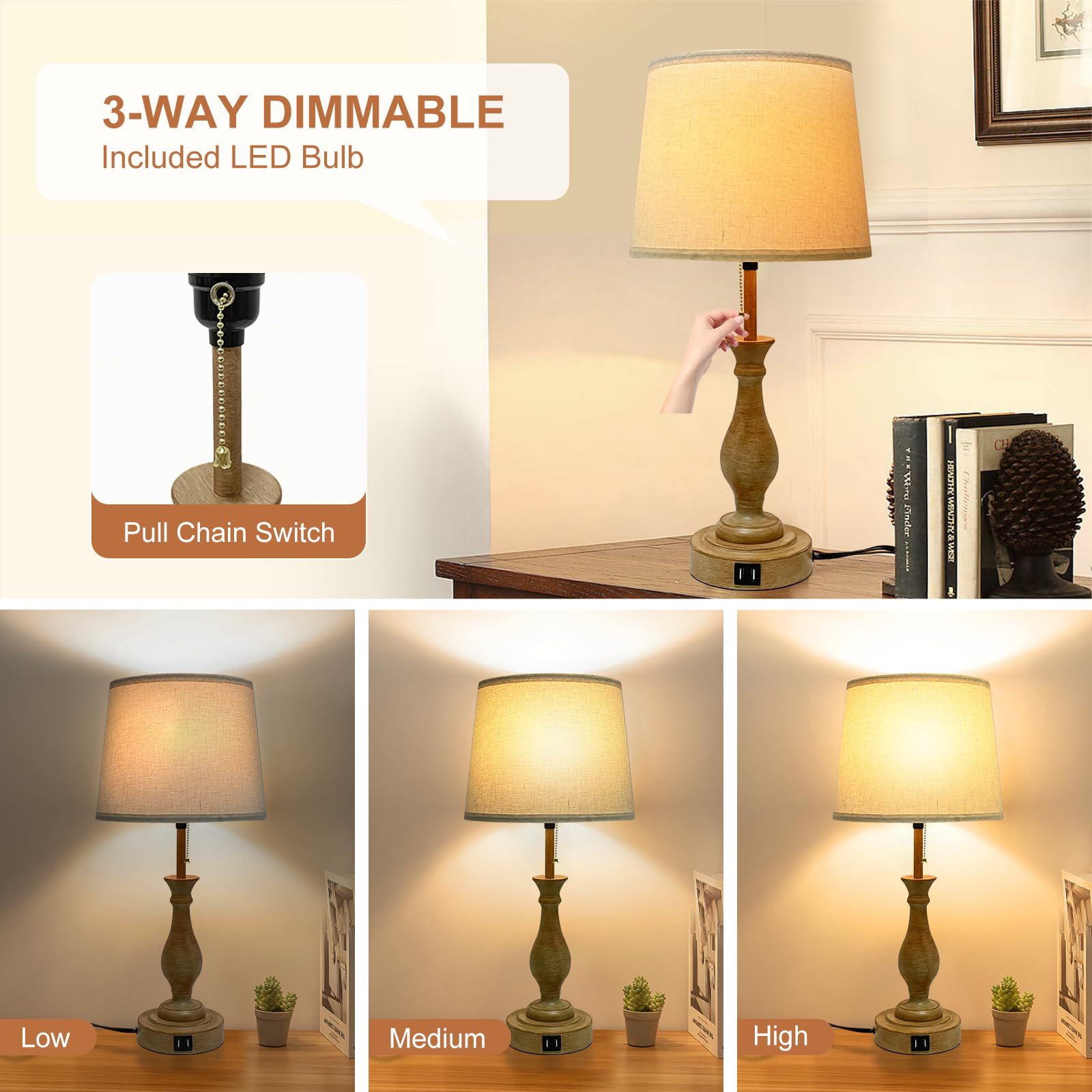 Farmhouse Table Lamp 3-Way Dimmable Table Lamp, Modern Nightstand Lamp With 2 Usb Port Pull Chain Bedside Desk Lamp With Fabric
