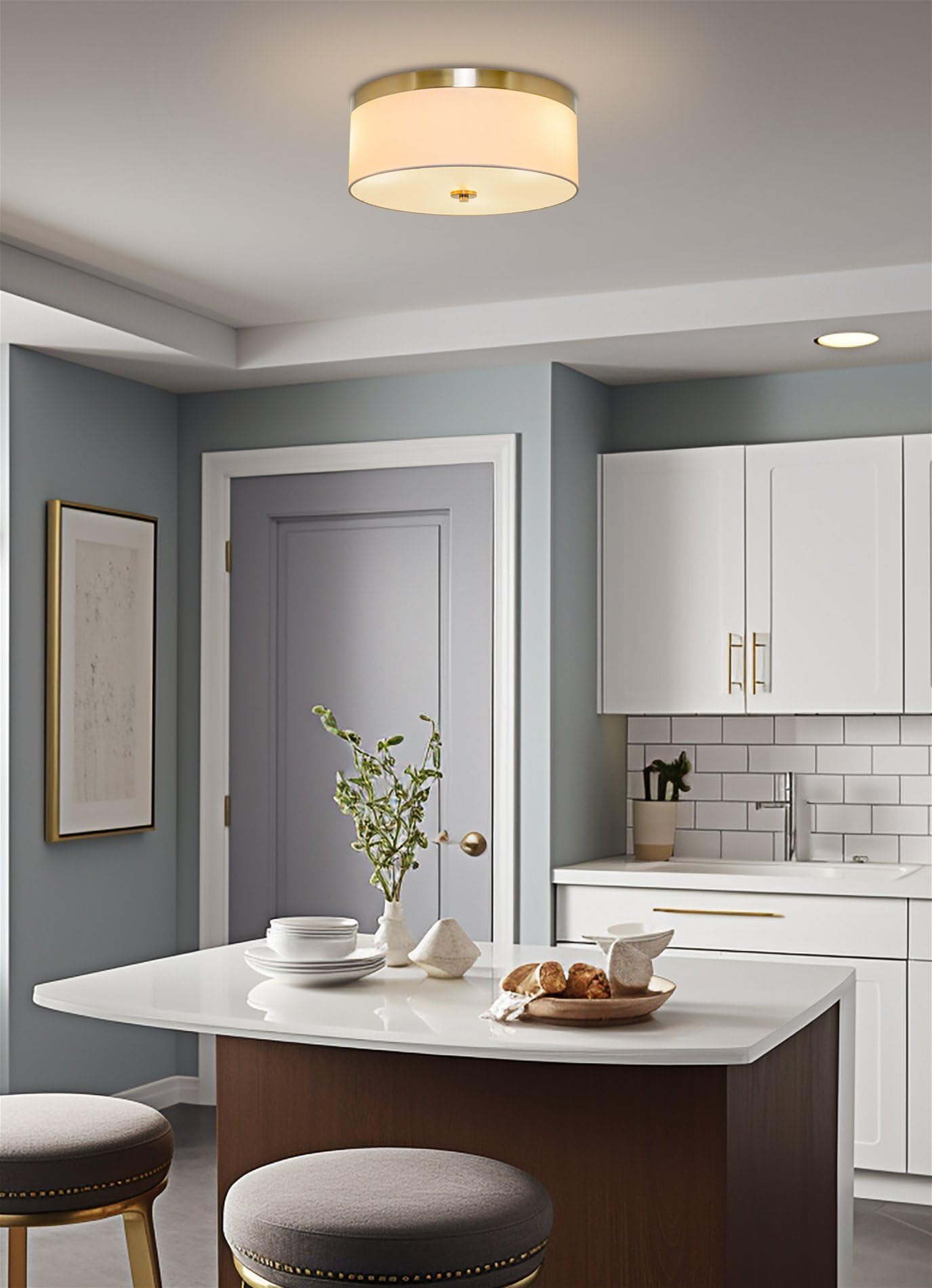 Kira Home Walker 20'' Large Mid-Century Modern 3-Light Flush Mount Ceiling Light, White Fabric Shade + Round Glass Diffuser, Coo