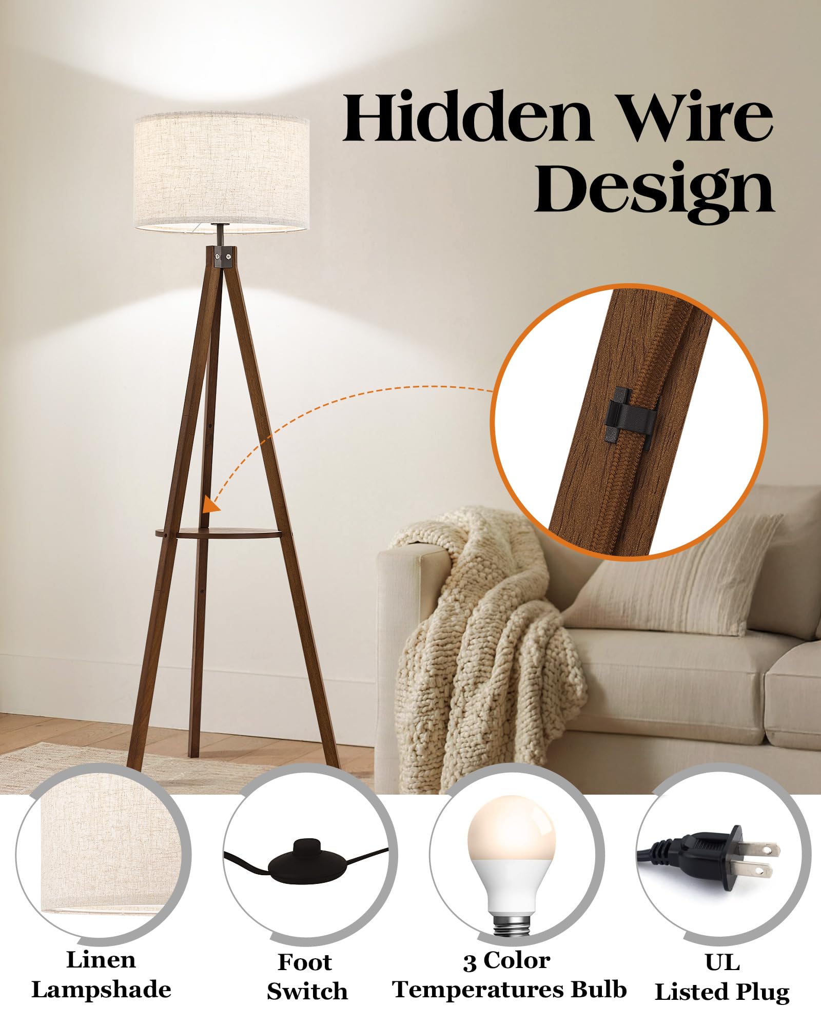 ELYONA Wood Tripod Floor Lamp with Table, Linen Shade, 3 Color Temperatures, Dark Brown, Model UF1104B-FB