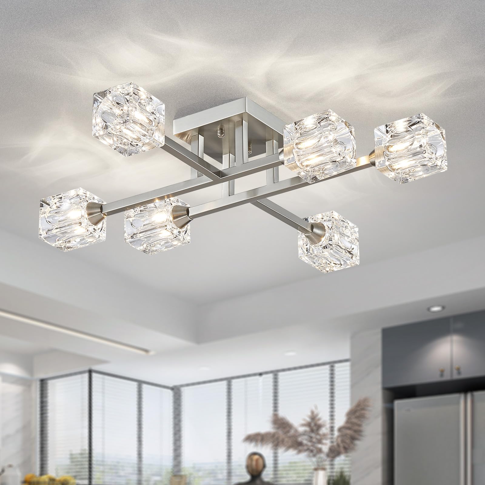 XINGQI Sputnik Light Fixture 6-Lights Semi Flush Mount Ceiling Light, Modern Silver Glass Chandelier Brushed Nickel Lighting for