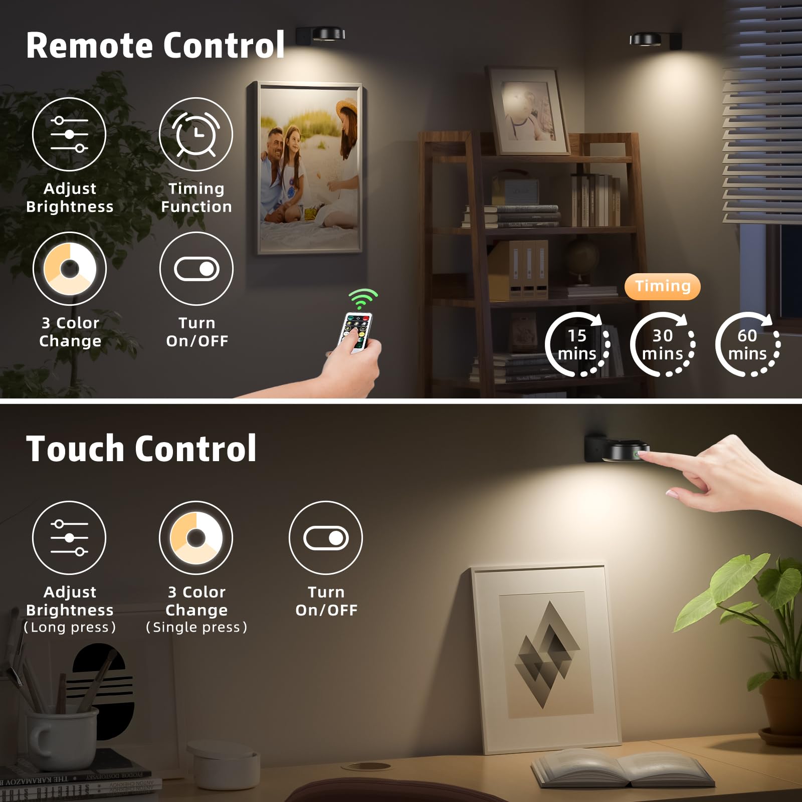 Lightbiz 3PCS Picture Lights, Wireless Rechargeable Battery, Dimmable, Timer, Aluminum, Black, H200-Black-3pcsBlack