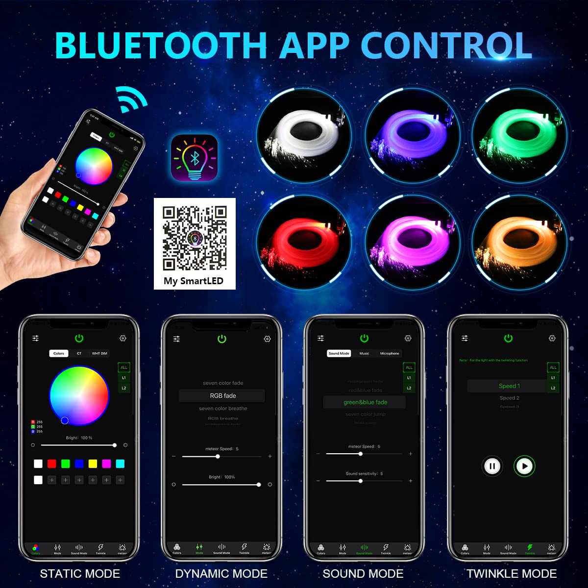 Amki High Brightness 32W Twinkle Fiber Optic Lights Starlight Headliner Kit 800Pcs 0.03In+0.04In+0.06In 16.4Ft Fibers Rgbw Sound