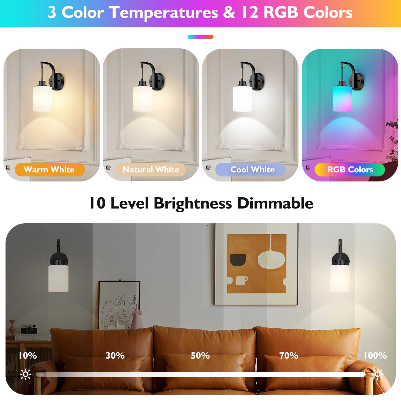Battery Operated Wall Sconce Set Of 2, Wireless Rechargeable Wall Lights, Glass Wall Lamps With Remotes And Dimmable Rgb Led Bulbs, No Wiring Indoor Sconces Wall Decor For Bedroom Living Room Hallway