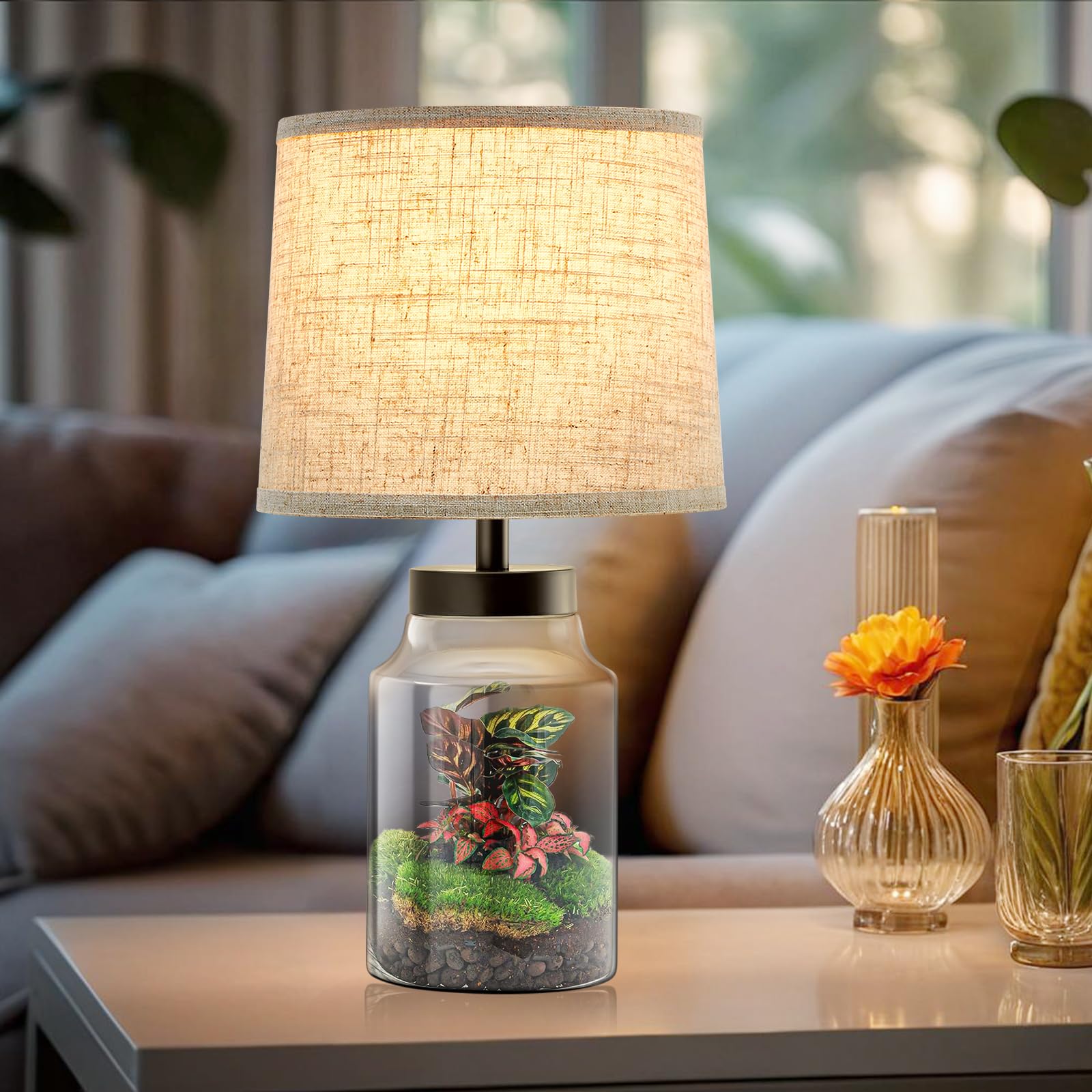 GyroVu Table Lamp Set of 2, Clear Glass, Metal, Oat Lampshade, Model B0CY523GJ2, Nightstand Lamps for Living Room and Bedroom