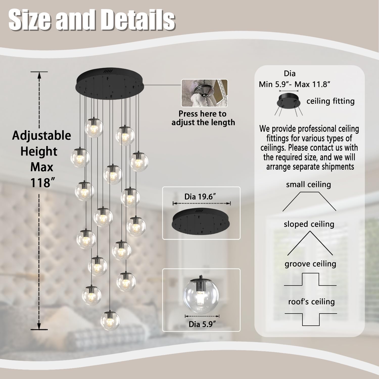ykolupty 15-Light Black Chandelier, Dimmable Globe Glass Pendant Light for Kitchen Island, Dining Room, Entry Hallway, LED Bulbs Included