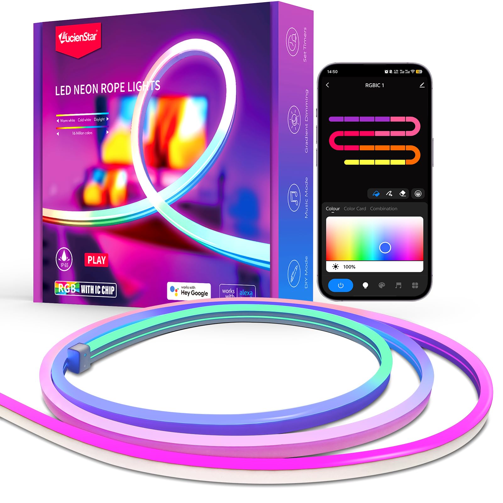 Lucienstar RGB+IC Neon Rope Lights  16.4 ft Smart LED Rope Light with Music Sync  Works with Alexa  Google Assistant  Custom DIY Flexible Neon Band Lights for Bedroom  Wall Decor (2.4G WiFi Only)