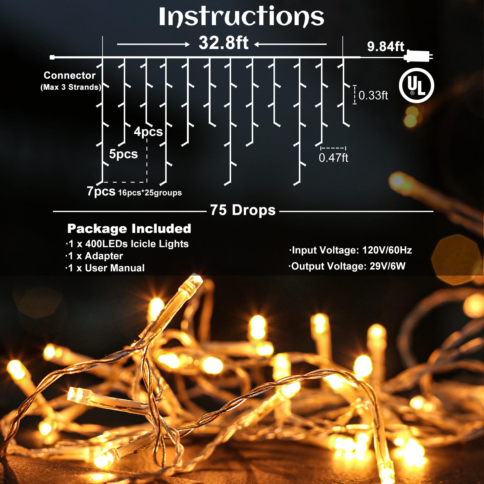 Icicle Lights Outdoor - 33Ft Christmas Lights With 400Led 75 Drops 8 Modes, Plug In Curtain String Lights Waterproof For Holiday Wedding Party Home Garden Bedroom Indoor Outdoor Decoration,Warm White