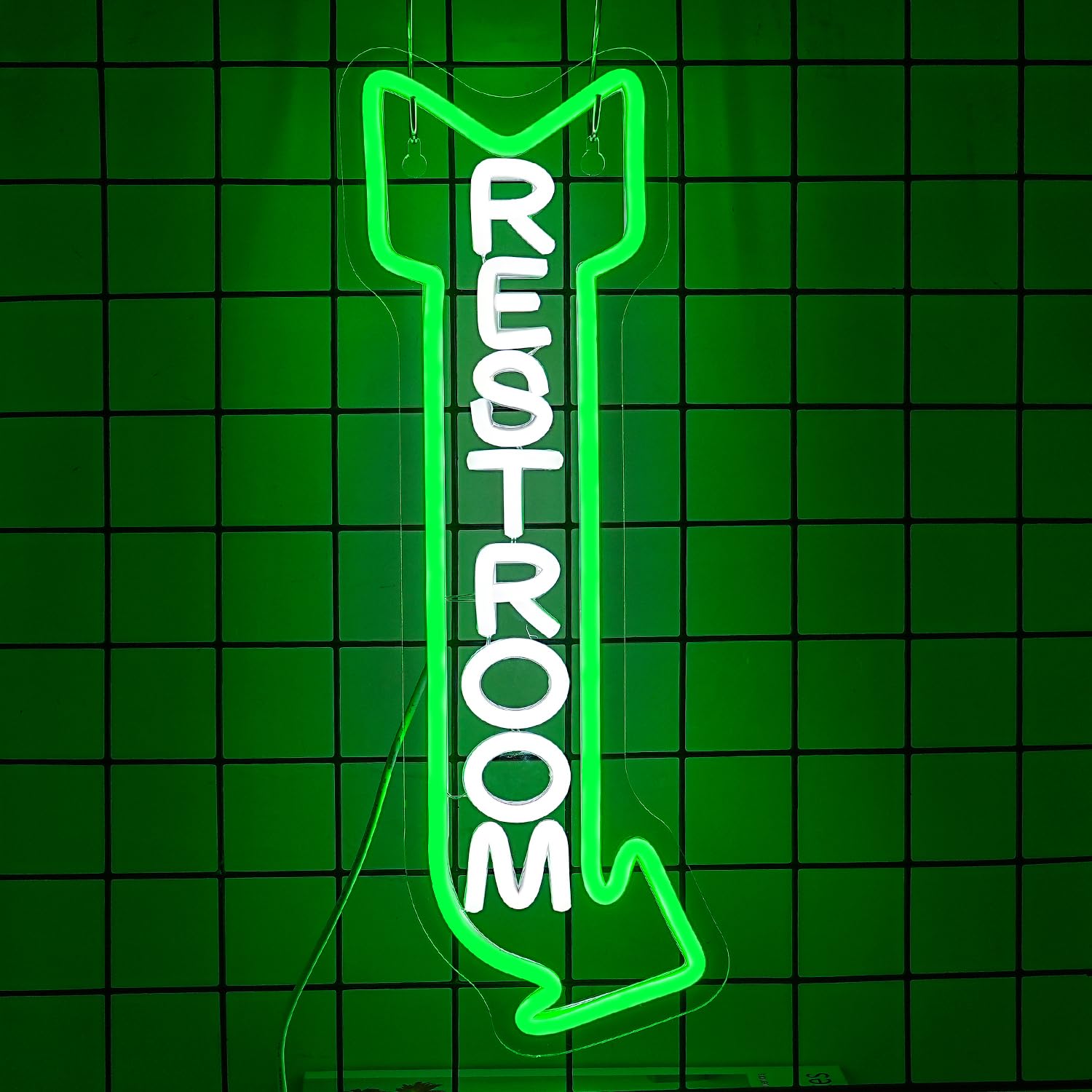 Alkkign Neon Toilet Sign - Cool White & Green Acrylic Wall Decor for Bathrooms, Hotels, Bars, & More (Right Arrow)