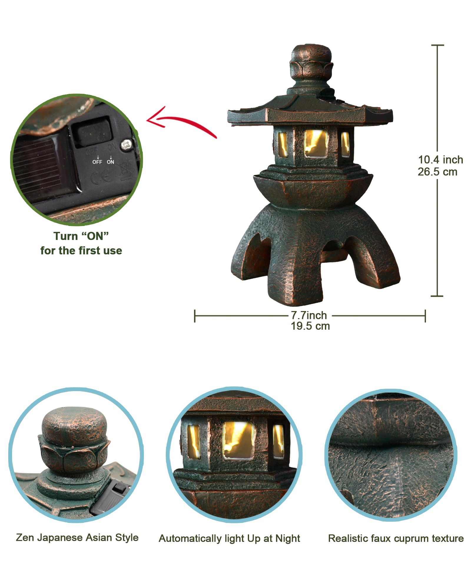 Nacome Solar Pagoda Lantern, Copper Polyresin Garden Statue, Indoor/Outdoor Zen Decor, Patio Yard Art