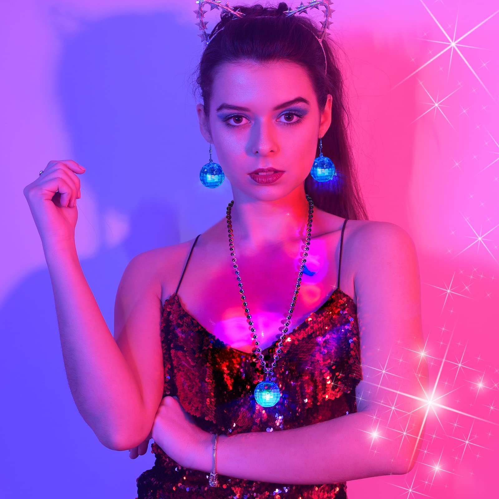 Henoyso LED Disco Ball Necklaces - 6 Pcs Party Accessories, Silver & Colorful Light, 70s Costume Favors for Women Dance Events