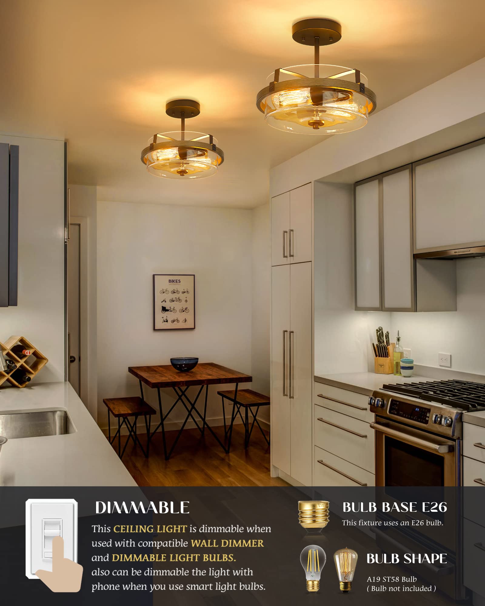 Eapudun Black Wooden Semi Flush Mount Ceiling Light, Retro 2-Light Fixture With Glass Shade