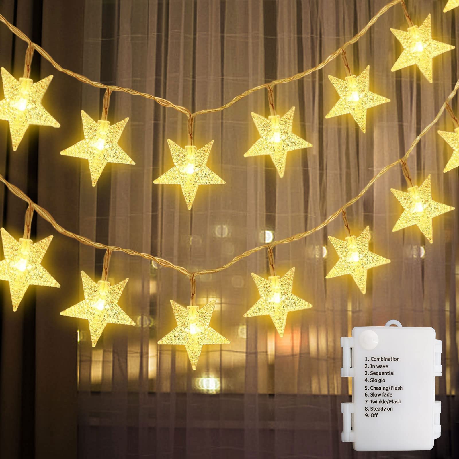 echosari Battery Powered Star Fairy String Lights, 40 LEDs, 13.2ft, Warm White, Model L0070_d, Timer for Christmas, Wedding, Party Decor