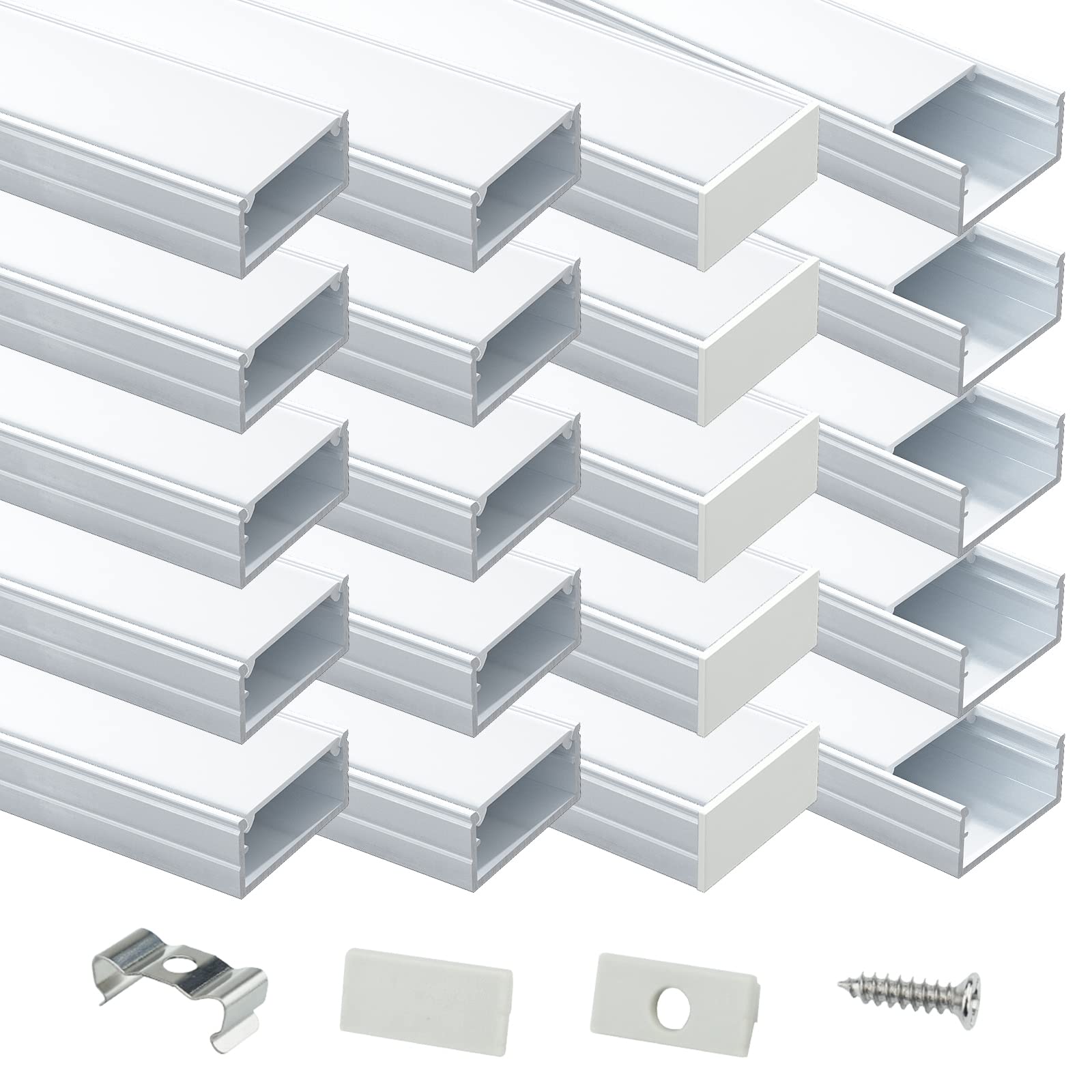 Muzata LED Channel - 20 Pack Silver Aluminum Diffuser with Milky White Cover, Model U102, 6.6FT/2M Length