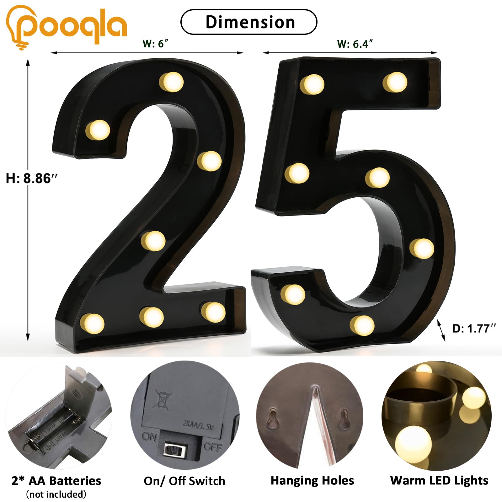 Pooqla Light Up Number 25 Birthday Decorations, Black Plastic Table Decor for 25th Anniversary, Size: Number 25