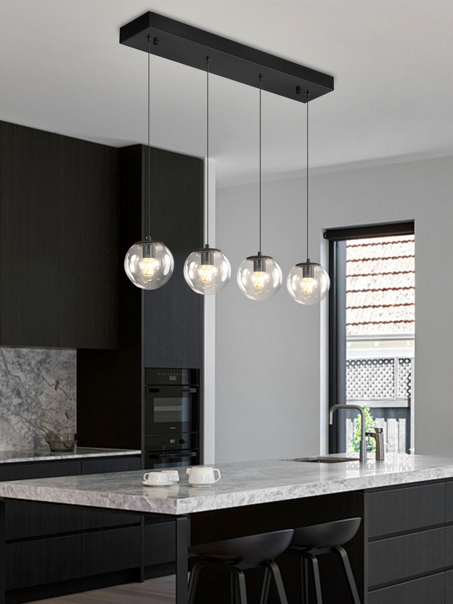 ykolupty Black 4-Light Glass Globe Chandelier - Modern Dining Room Lighting Fixture, Model TP3016-TM-4H-CT