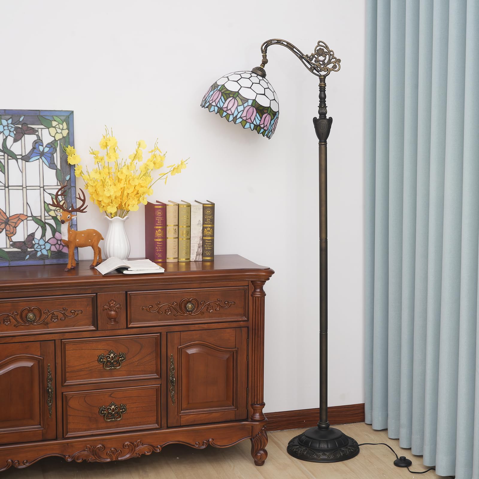 Blivuself Tiffany Floor Lamp - Pink Tulip Stained Glass, 63" Gooseneck Design, Handcrafted for Home Decoration and Reading