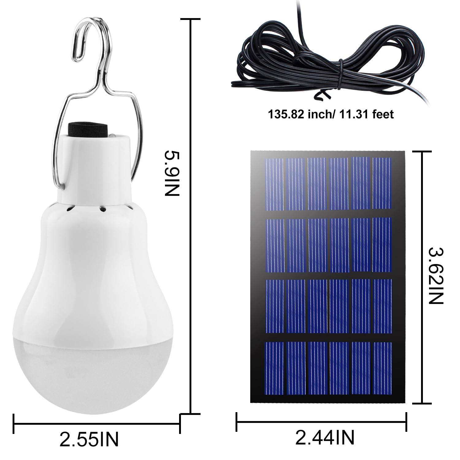Solar Rechargeable Light Bulbs 2Pcs, 11.31Ft Cables*2, 130Lm, 3W, Indoor/Outdoor Emergency Chicken Coop & Shed Lights, Led Campi