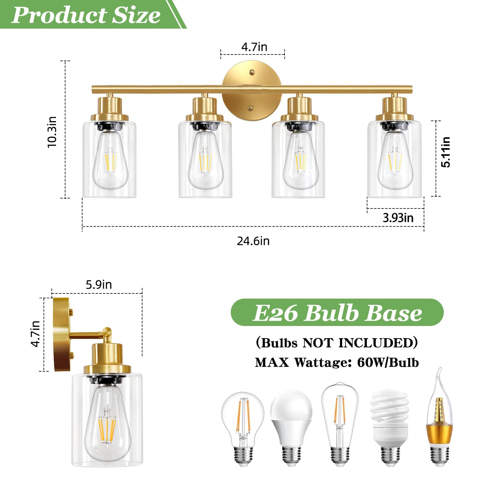 Guliaofo 4-Light Gold Bathroom Vanity Light Fixture, E26 Modern Metal Wall Sconce with Clear Glass Shade, Model Gu-111-QGJ-4