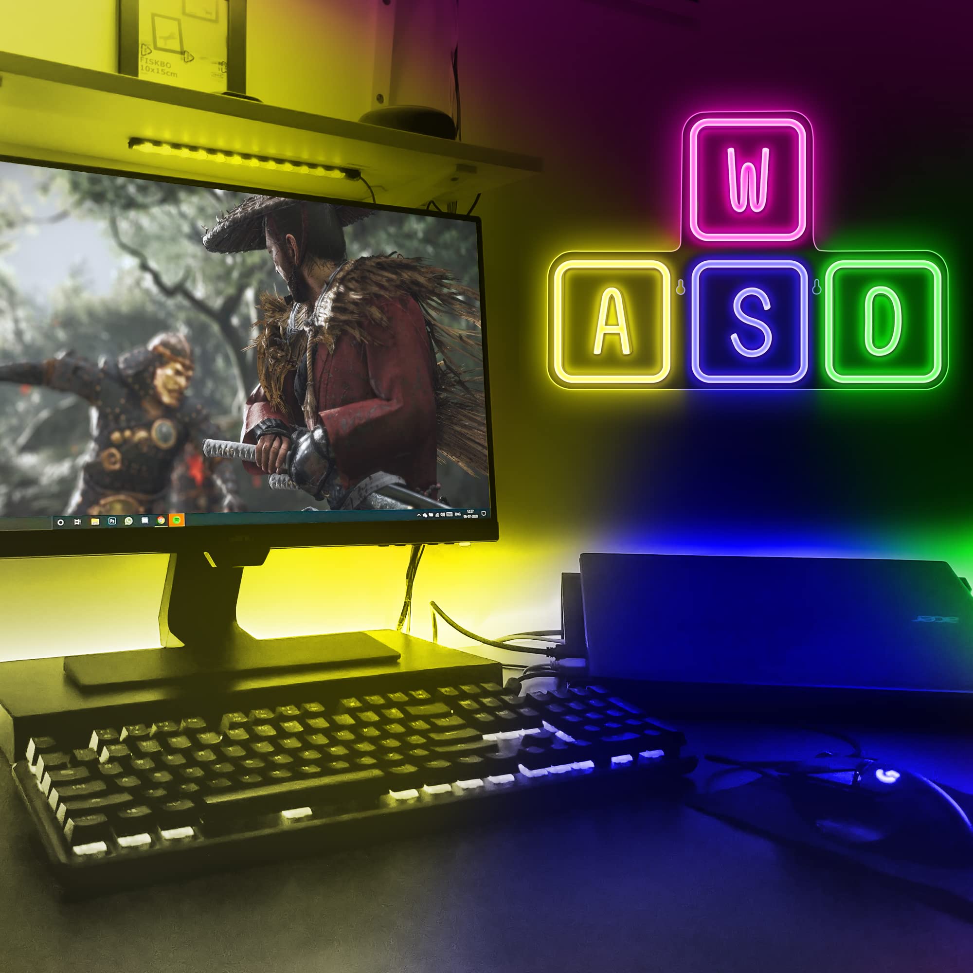Lumoonosity WASD Neon Sign - LED Keyboard Wall Decor - 16.5x11.2 inches - Acrylic - Yellow/Green/Blue/Pink - Model NS-WASD Mix