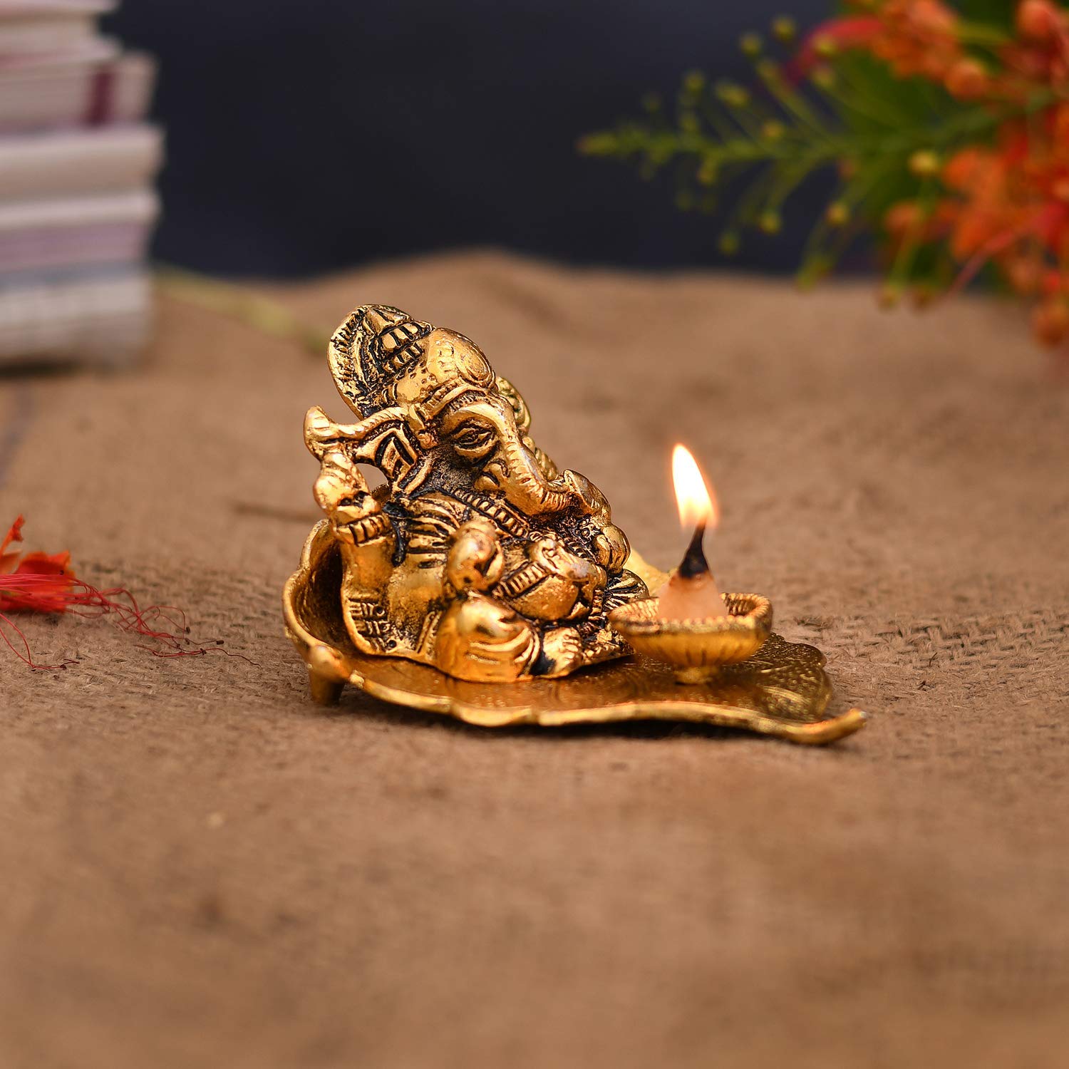 Collectible India Ganesh Diya Return Gift Metal Ganesha on Leaf Idol for Pooja | Wedding Corporate Gift Items for Home Decorativ