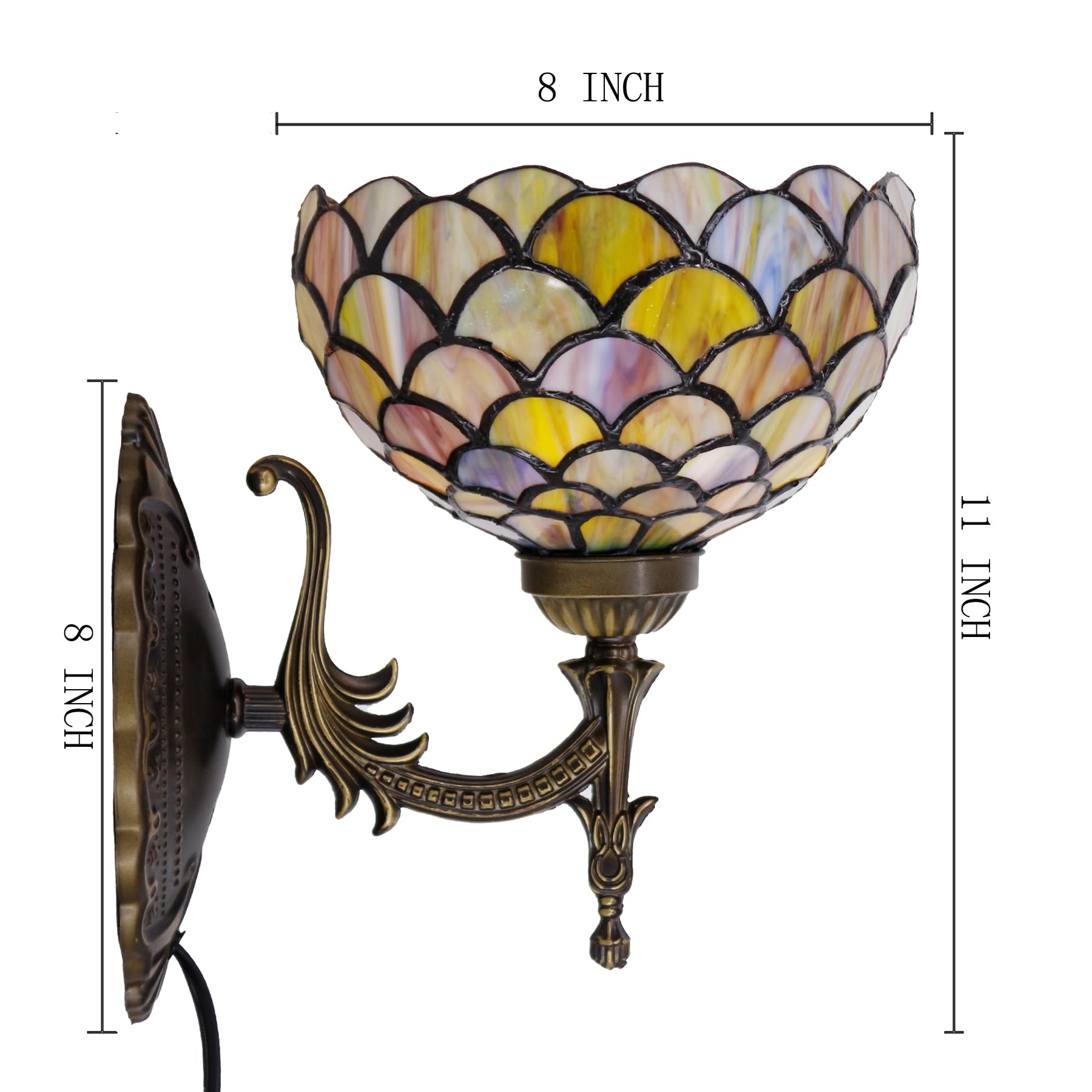 Avivadirect Tiffany Wall Sconce Lamp Plug In Or Hardwire Wall Light With 8 Inch Brown Fish Scales Stained Glass Lampshade 8X10.5
