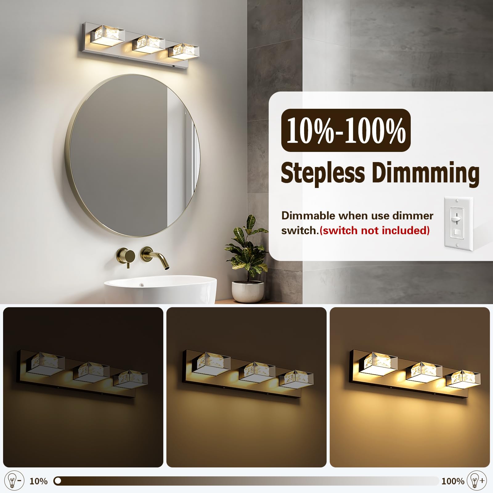 Joossnwell Brushed Nickel Bathroom Vanity Light 3-Light 20.5-Inch Dimmable LED Fixture Model 5549